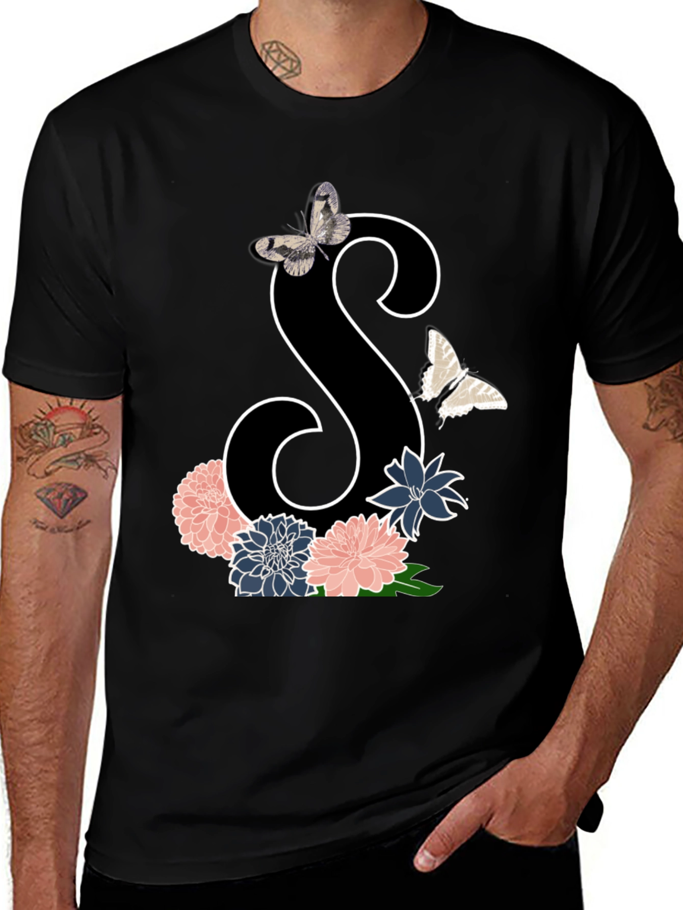 Variant 9 of Floral Butterfly Initial S Black T-Shirt