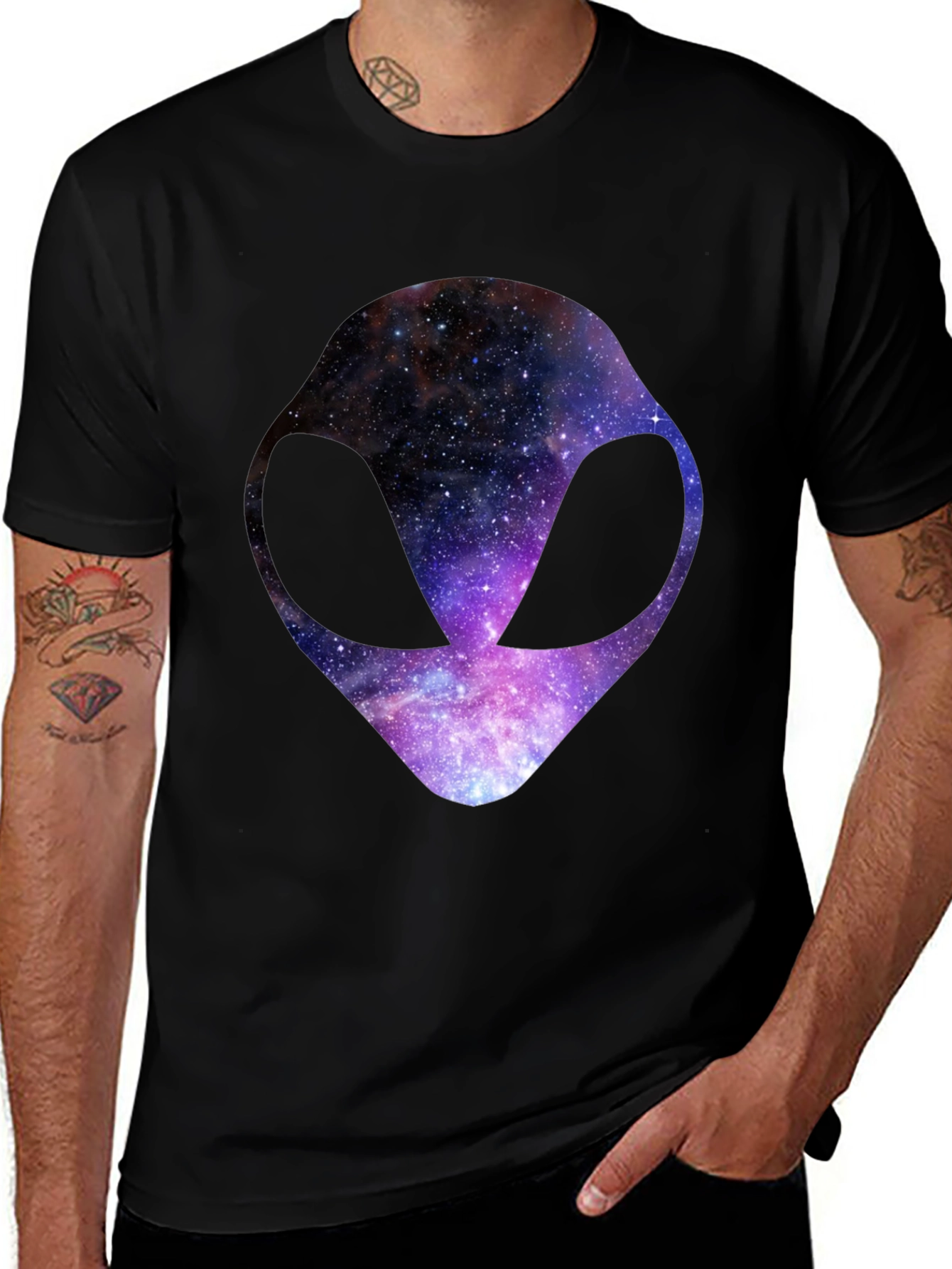 Variant 9 of Cosmic Alien Head Graphic Tee - Black Cotton T-Shirt