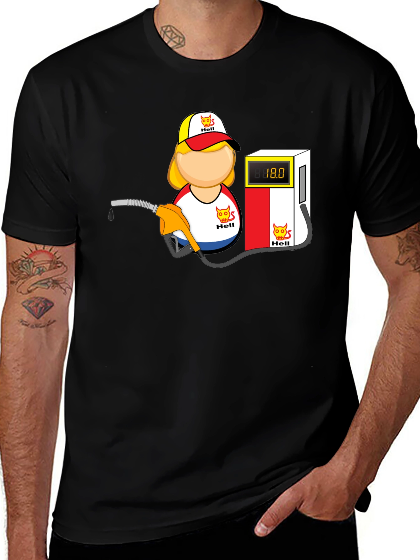 Variant 20 of Humorous "Hell" Gas Station Cartoon Print T-Shirt