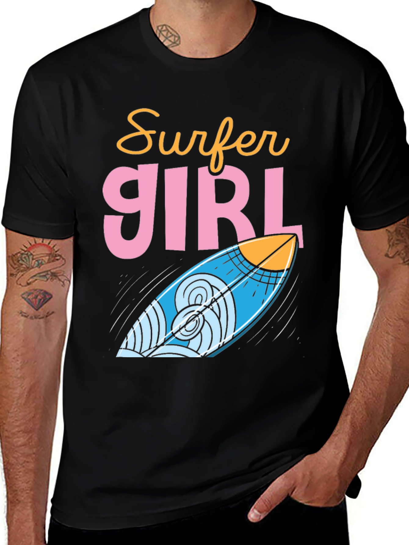 Surfer Girl Graphic Tee - Cool Surfboard Design
