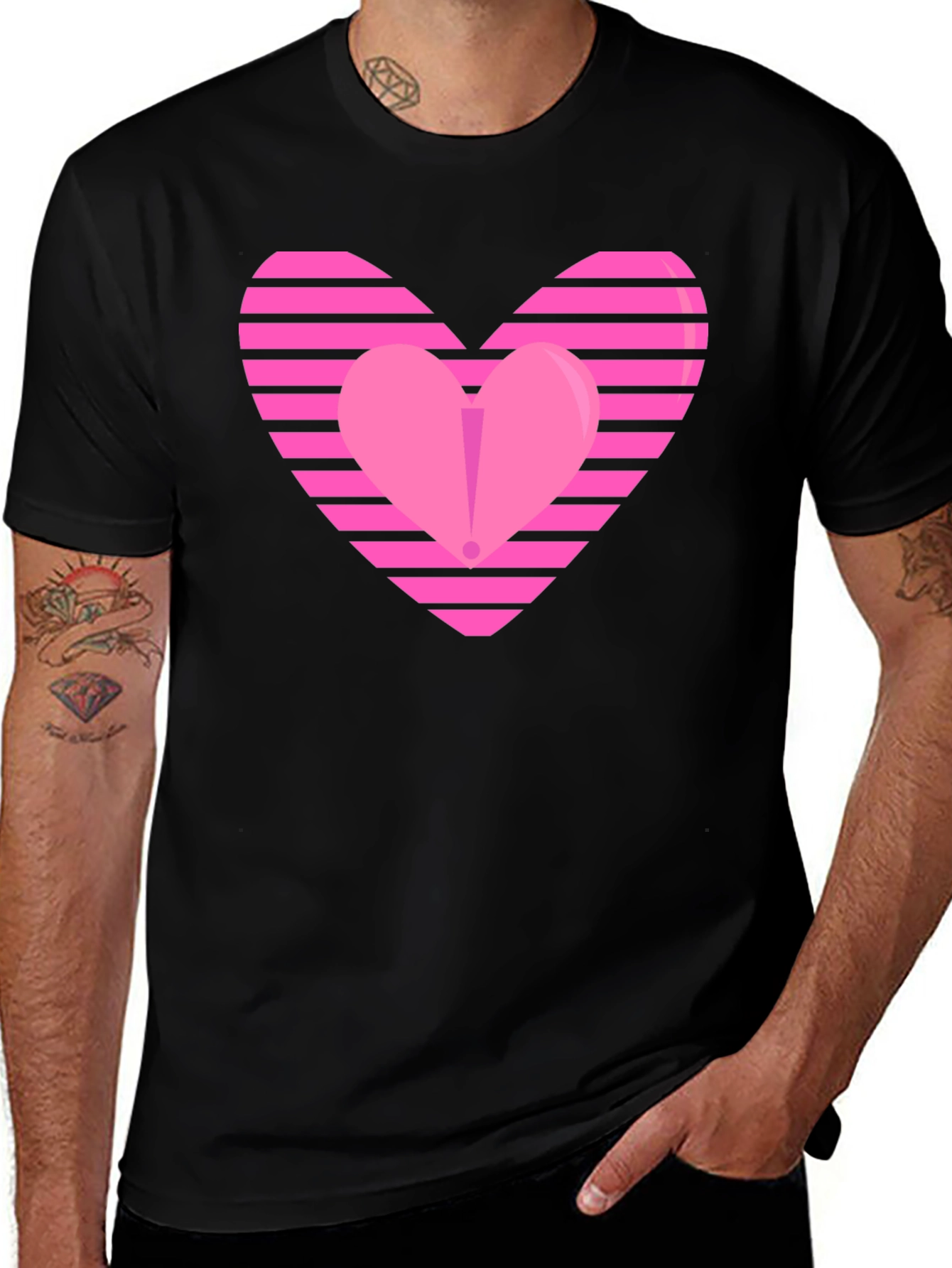 Variant 22 of Pink Striped Heart Graphic Tee - Black Cotton Blend