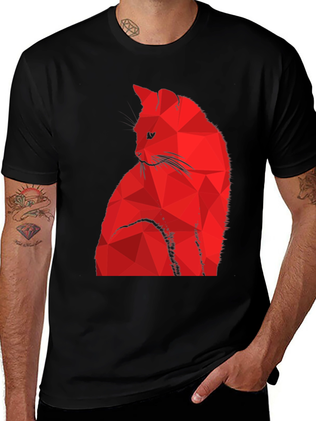 Variant 3 of Geometric Red Cat Graphic Black T-Shirt