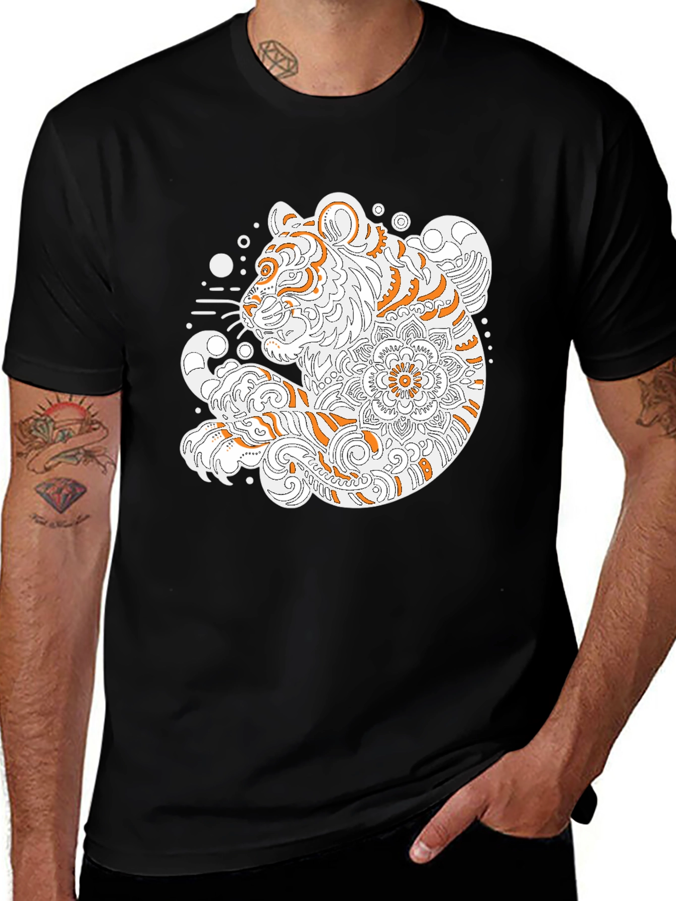 Variant 21 of Tiger Mandala Graphic Print Black T-Shirt