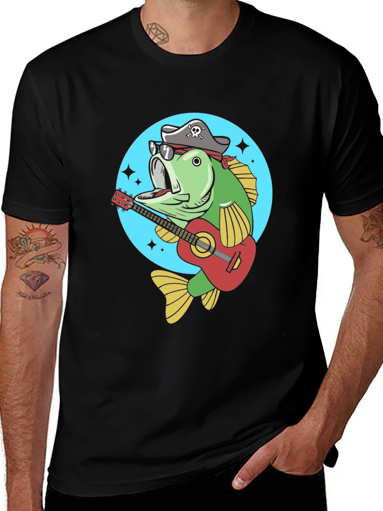 Variant 9 of Funny Bass Fish Pirate Guitar T-Shirt