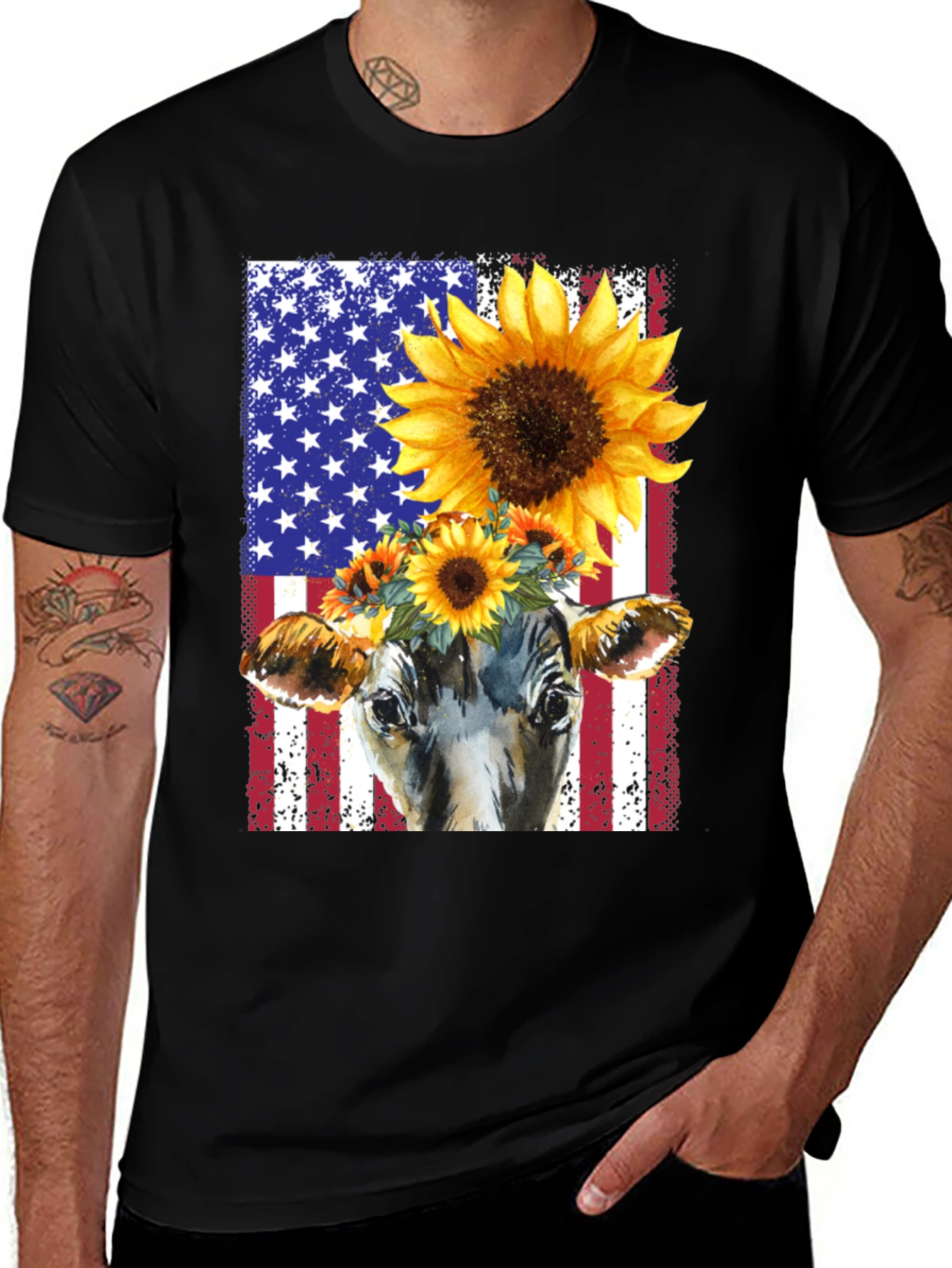 Variant 28 of American Flag Cow Sunflower Graphic Tee