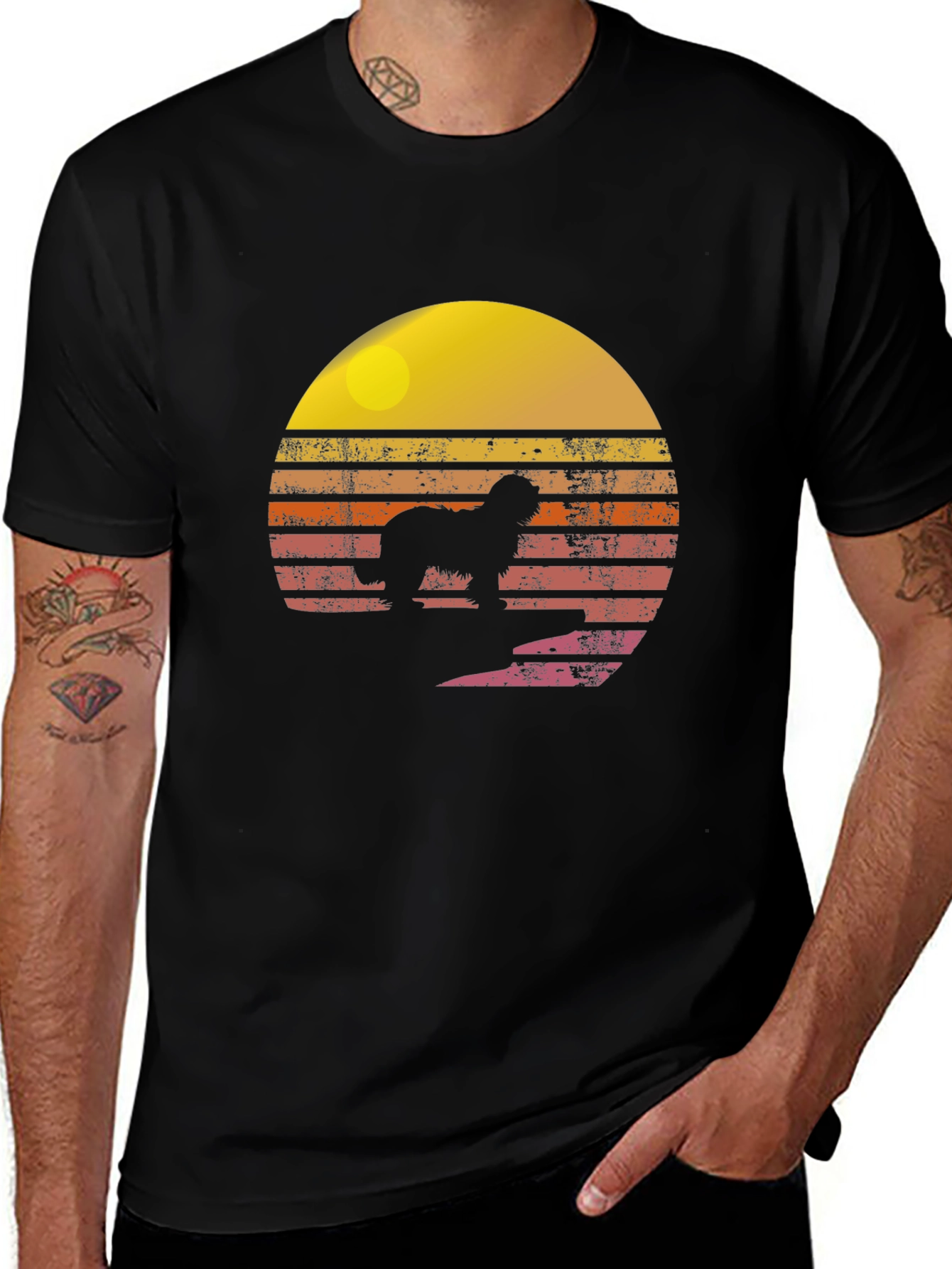 Retro Dog Sunset Black T-Shirt