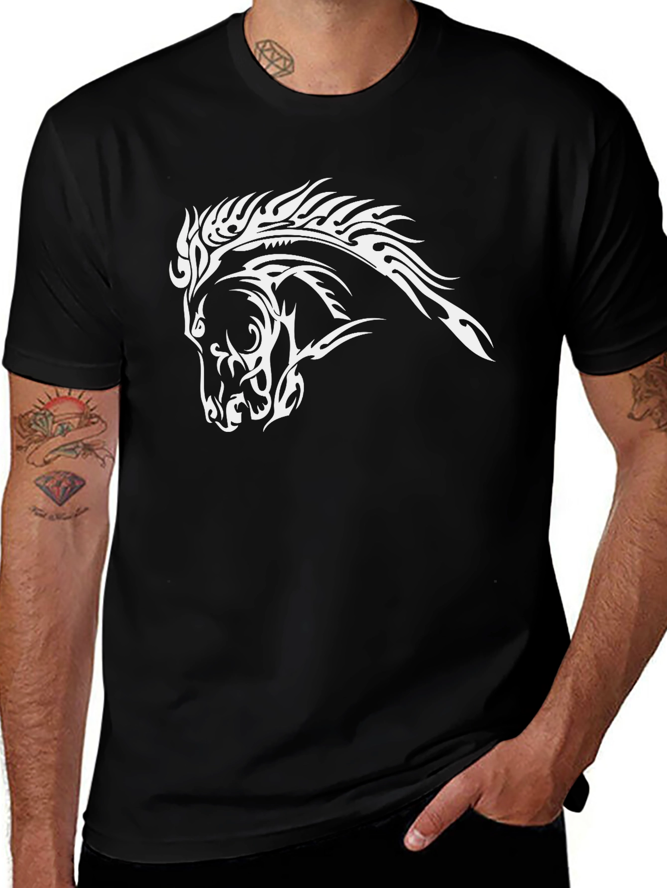 Variant 12 of Black T-Shirt with Tribal Horse Head Design