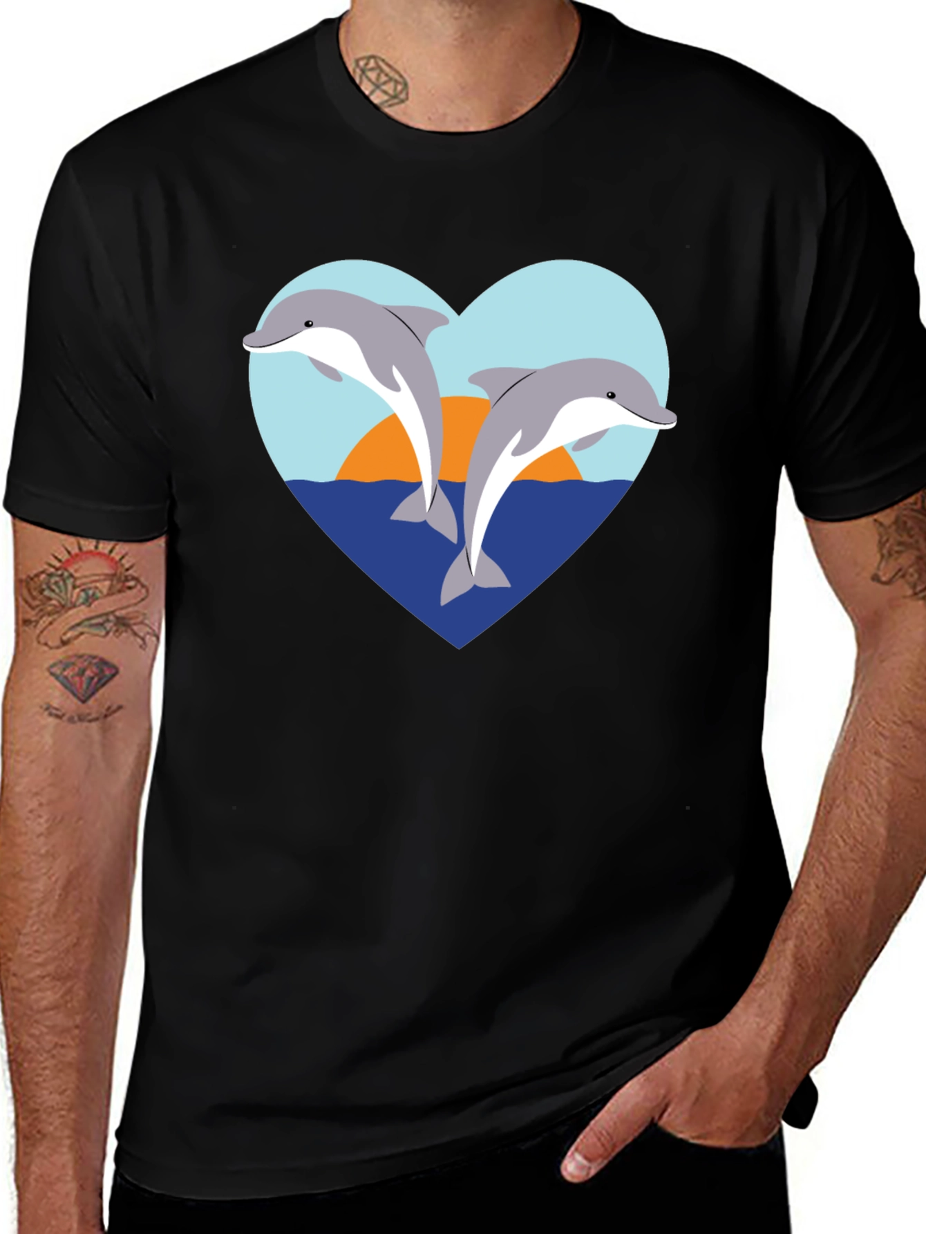 Variant 23 of Dolphin Heart Graphic T-Shirt - Black Cotton Tee