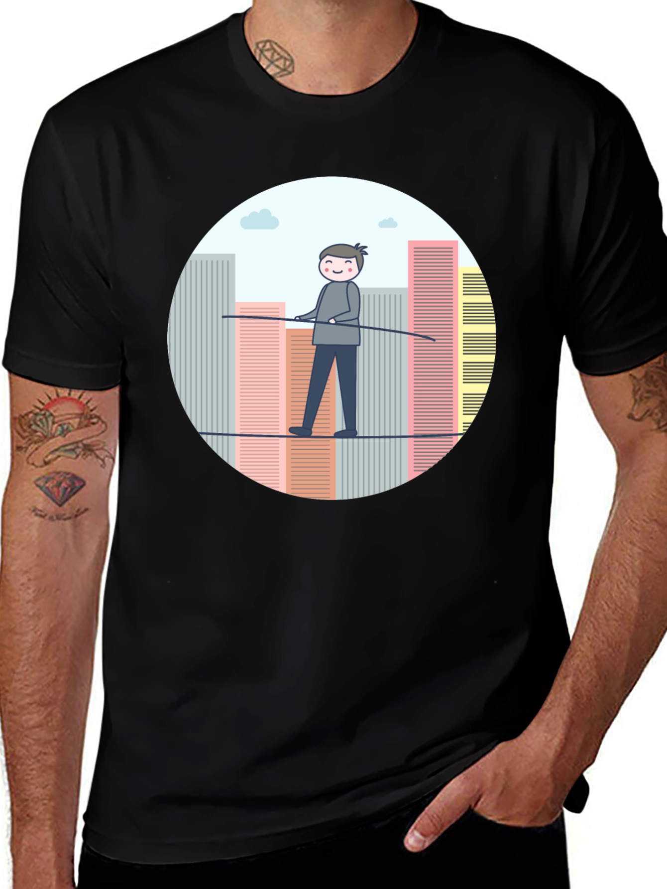 Variant 26 of Tightrope Walker Graphic Tee - Cool Cityscape Design