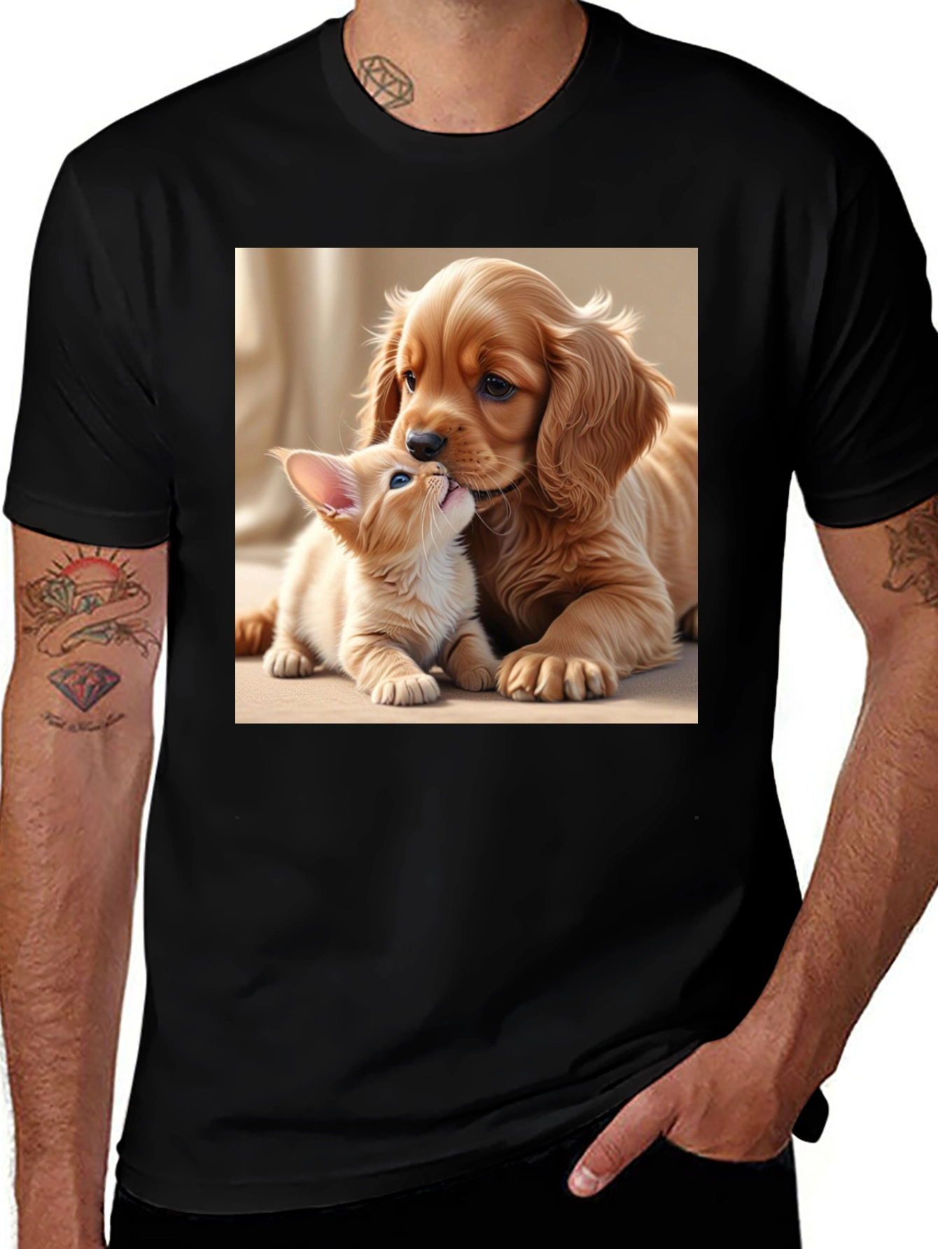 Variant 22 of Cute Puppy and Kitten Black T-Shirt