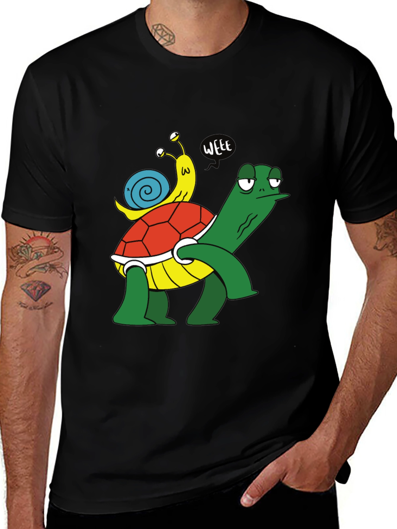 Variant 16 of Funny Turtle and Snail Cartoon Black T-Shirt