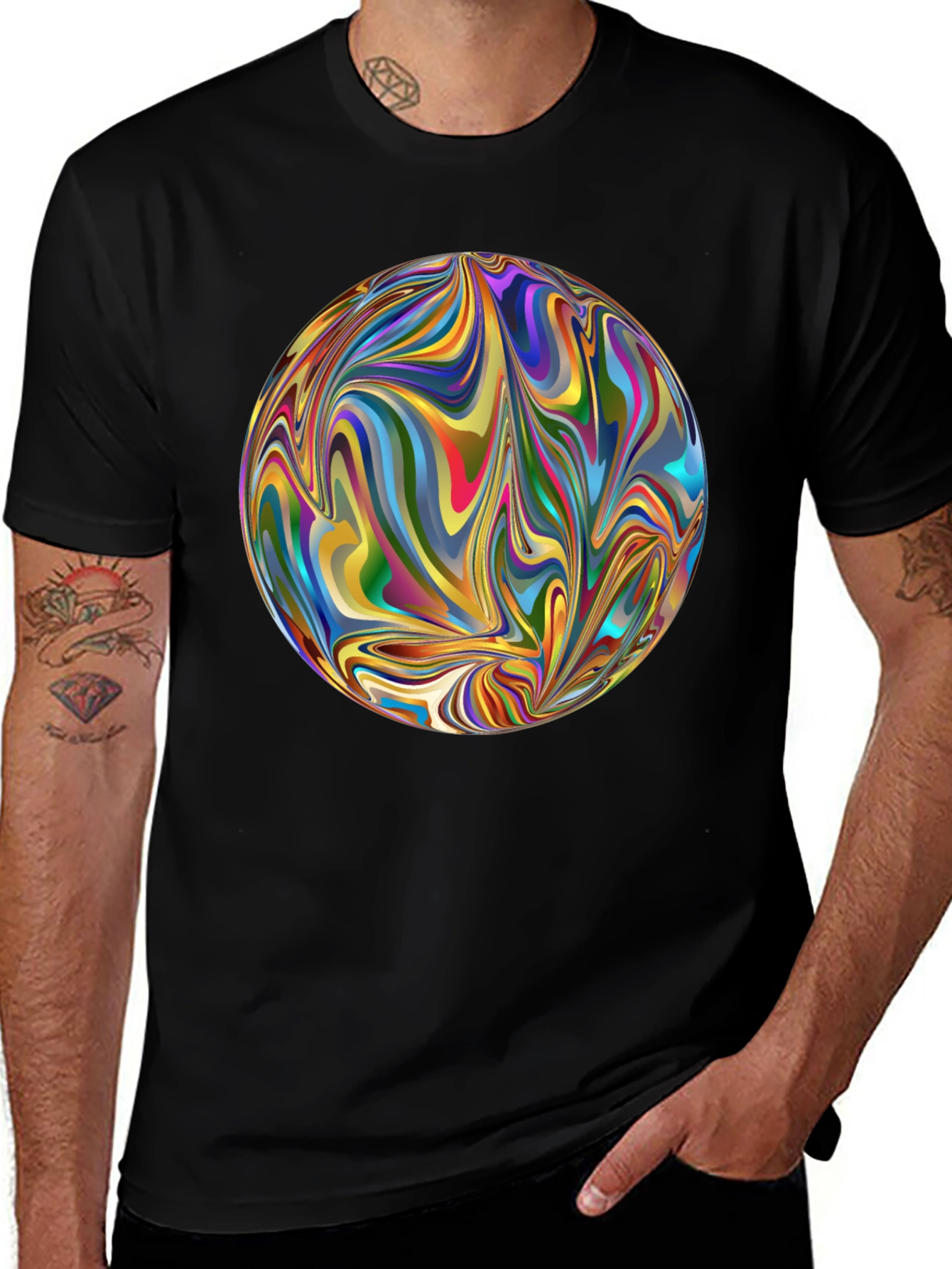 Variant 6 of Colorful Abstract Swirl Sphere Graphic Tee