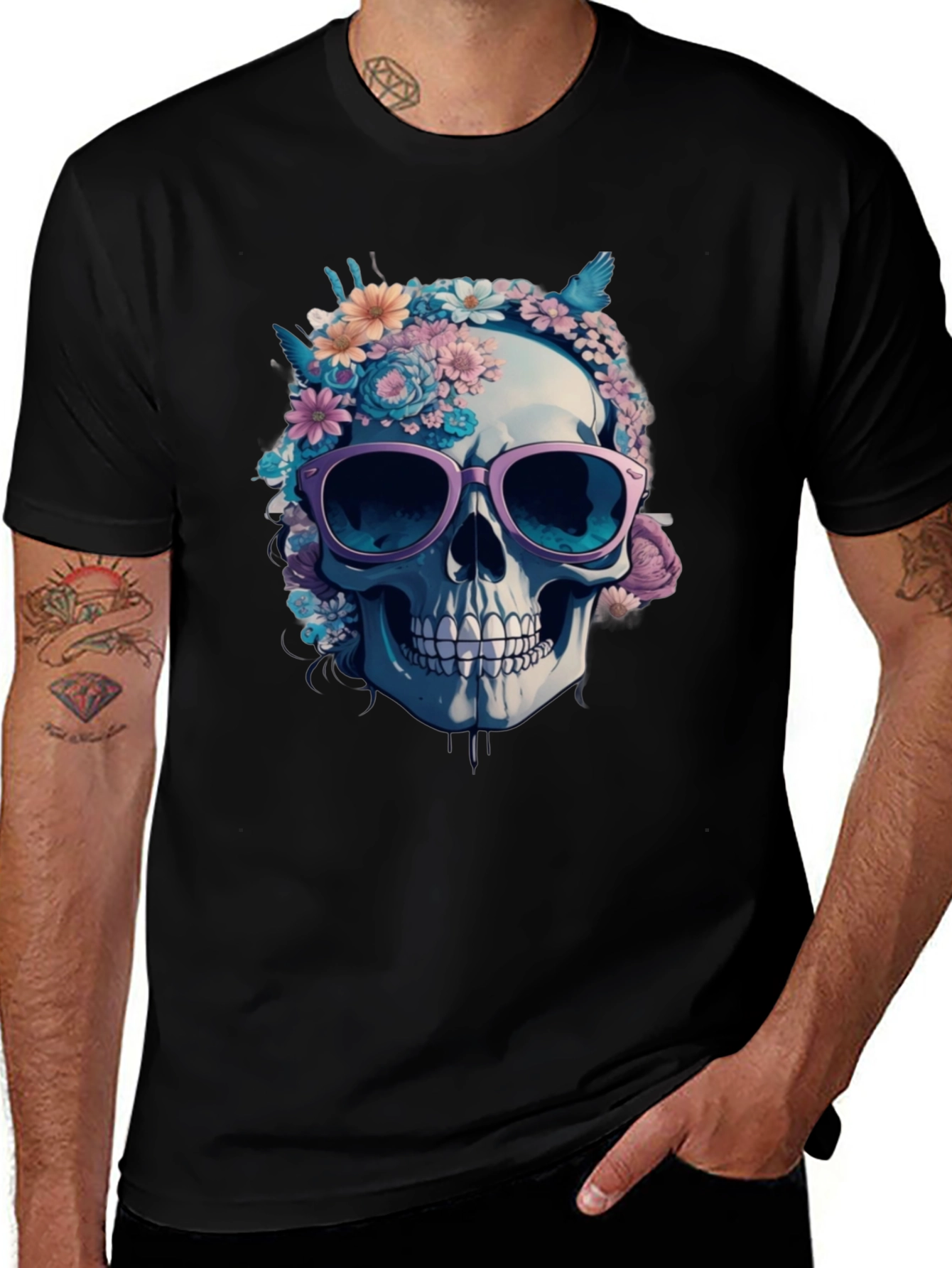 Variant 4 of Floral Skull Graphic Tee - Stylish Skull T-Shirt