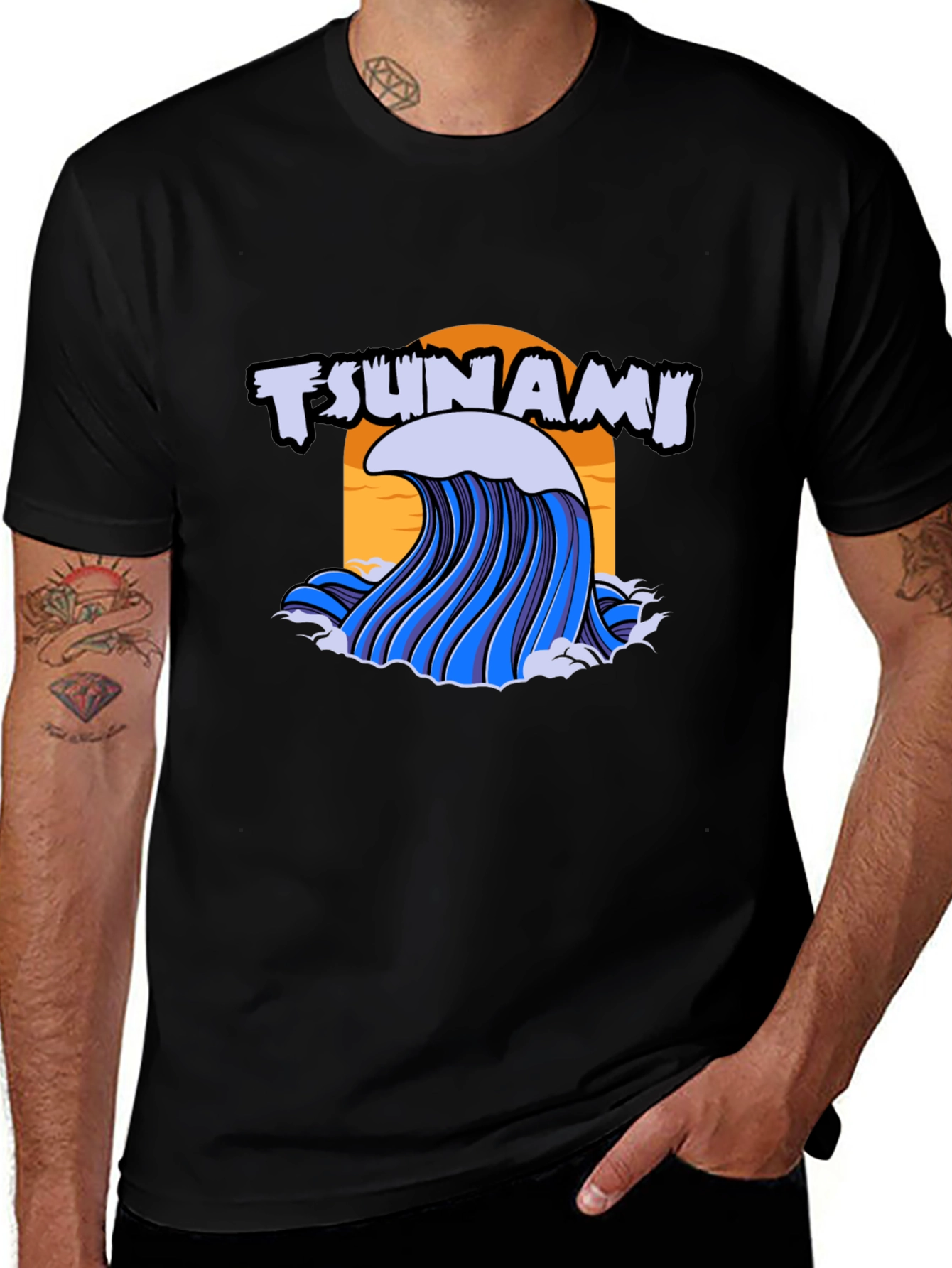 Tsunami Wave Graphic Print Black T-Shirt