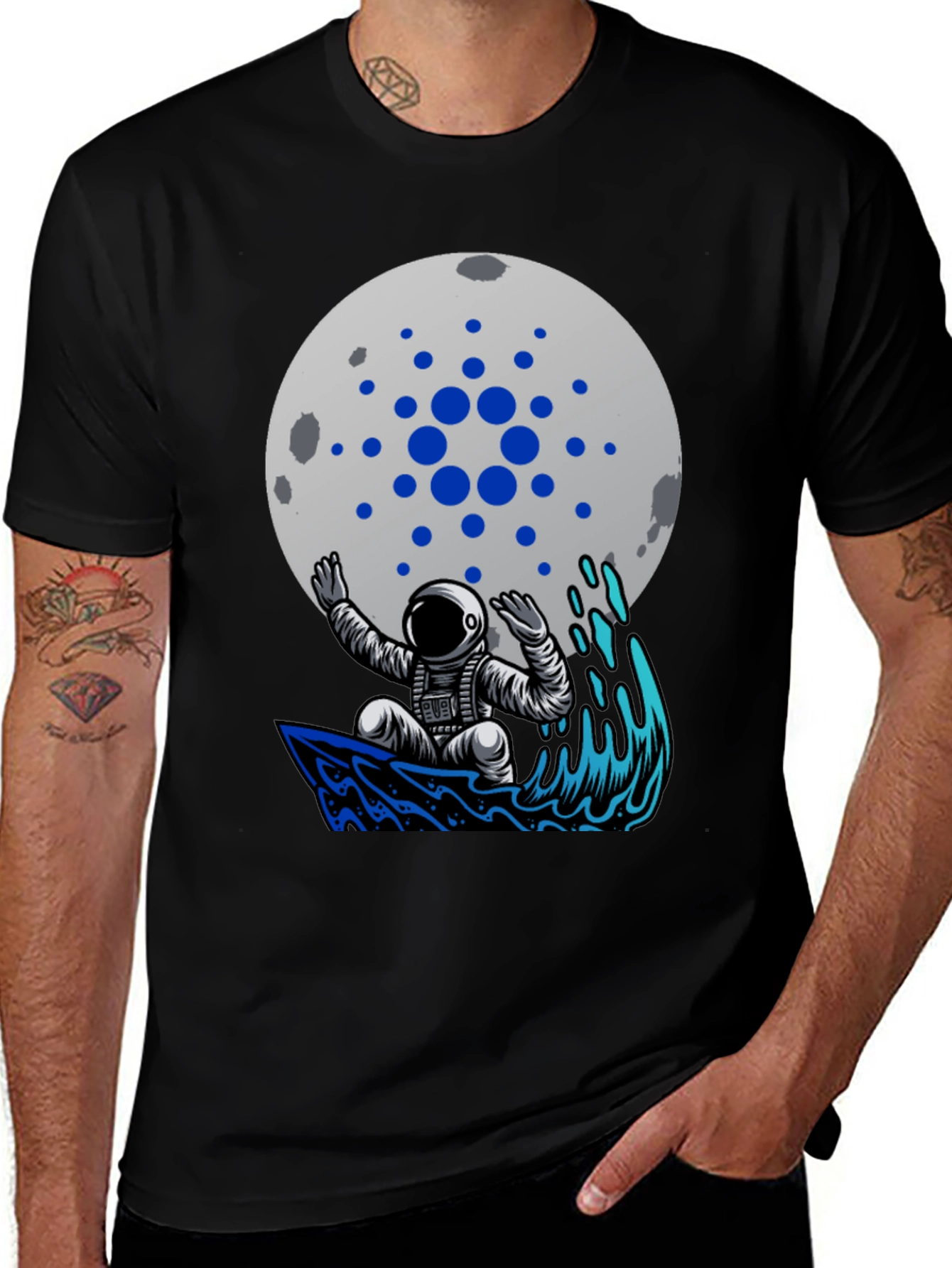 Variant 14 of Astronaut Surfing Cardano Moon T-Shirt - Crypto Fashion
