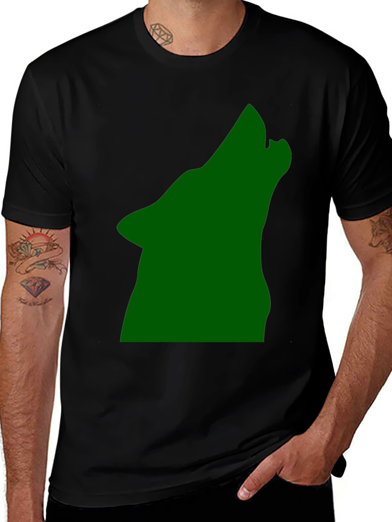 Variant 12 of Black T-Shirt with Green Howling Wolf Design