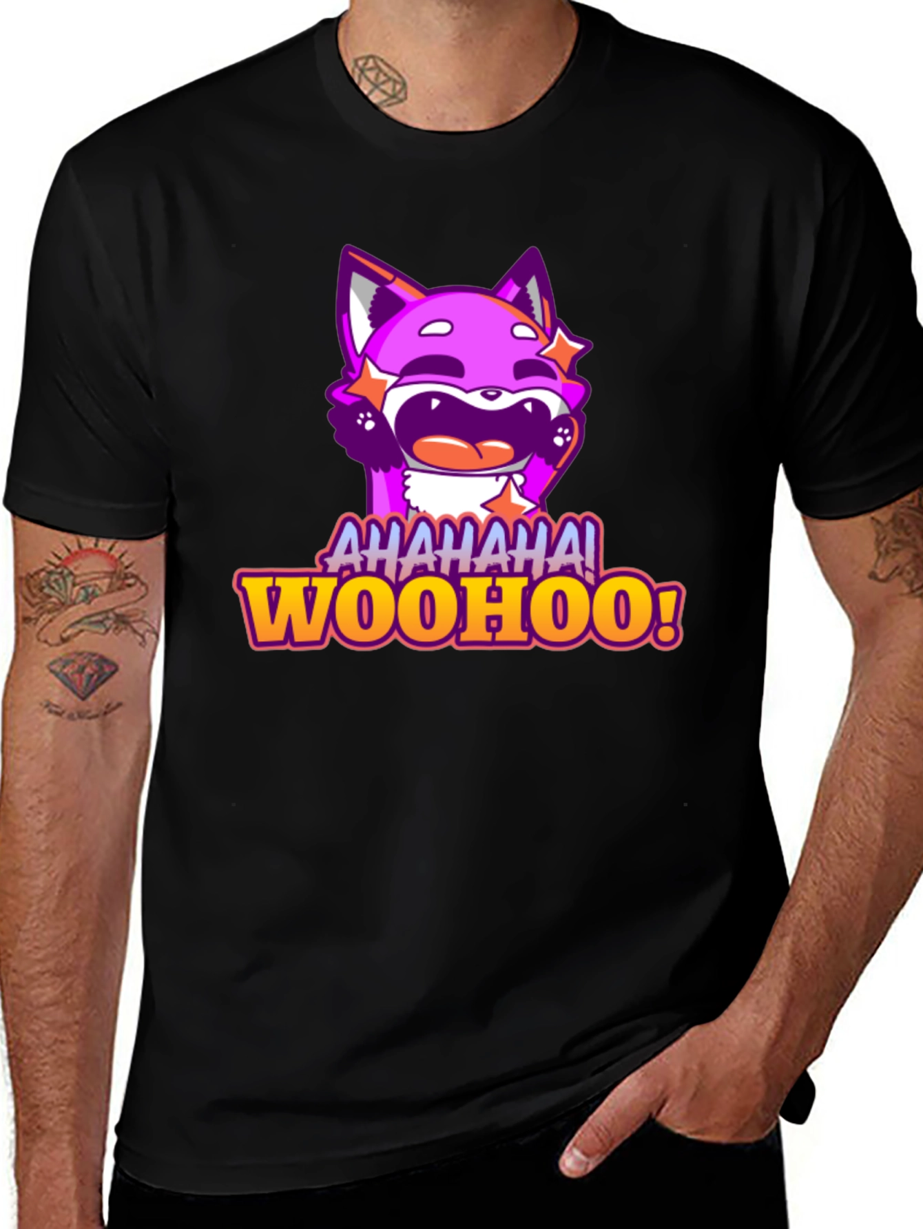 Variant 27 of Funny Purple Fox Cartoon Graphic Tee - "AHAHAA! WOOHOO!"