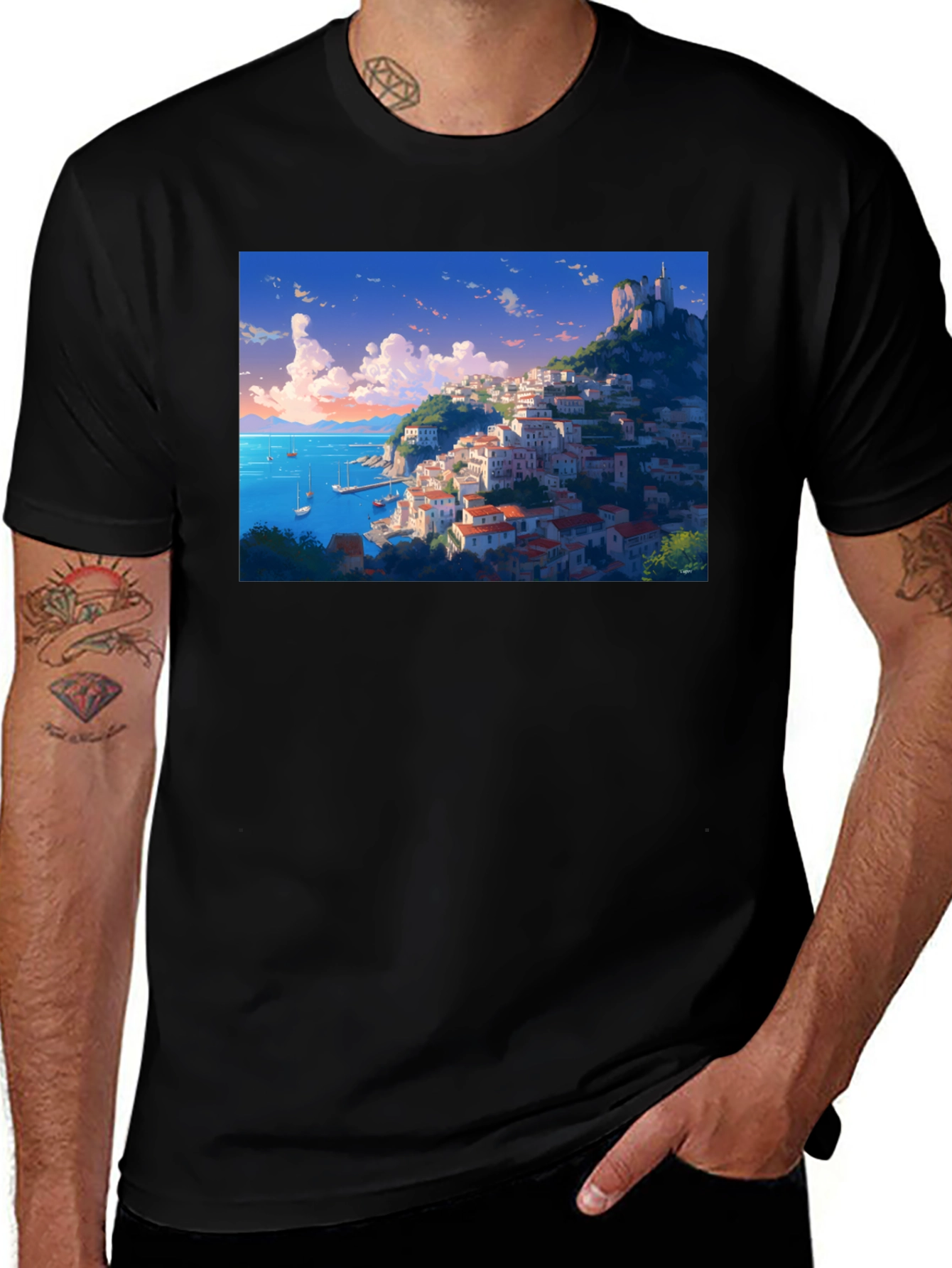 Variant 23 of Anime Coastal Town T-Shirt - Black