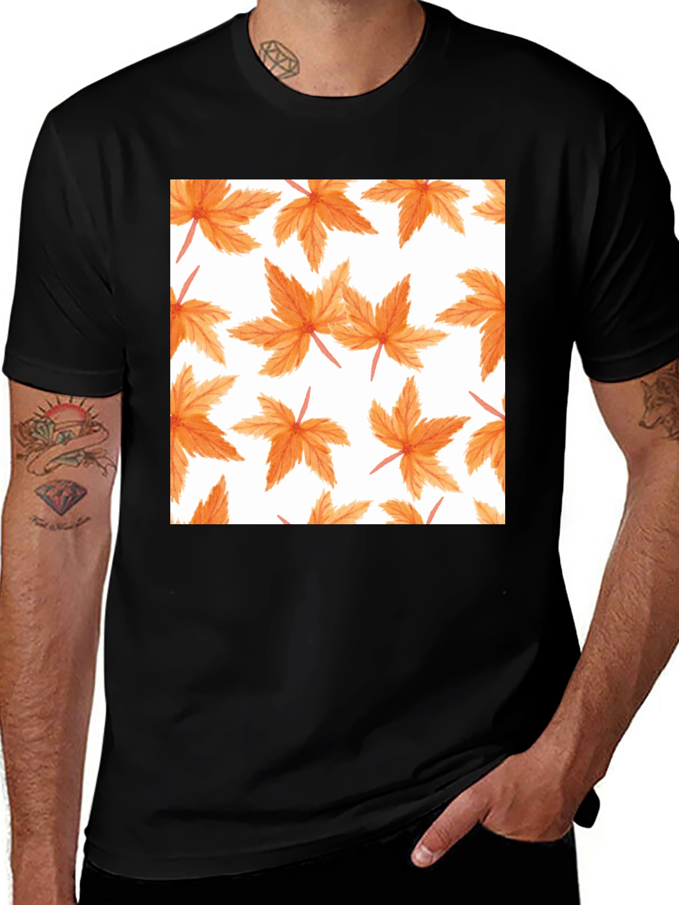 Variant 28 of Autumn Leaf Print Black T-Shirt