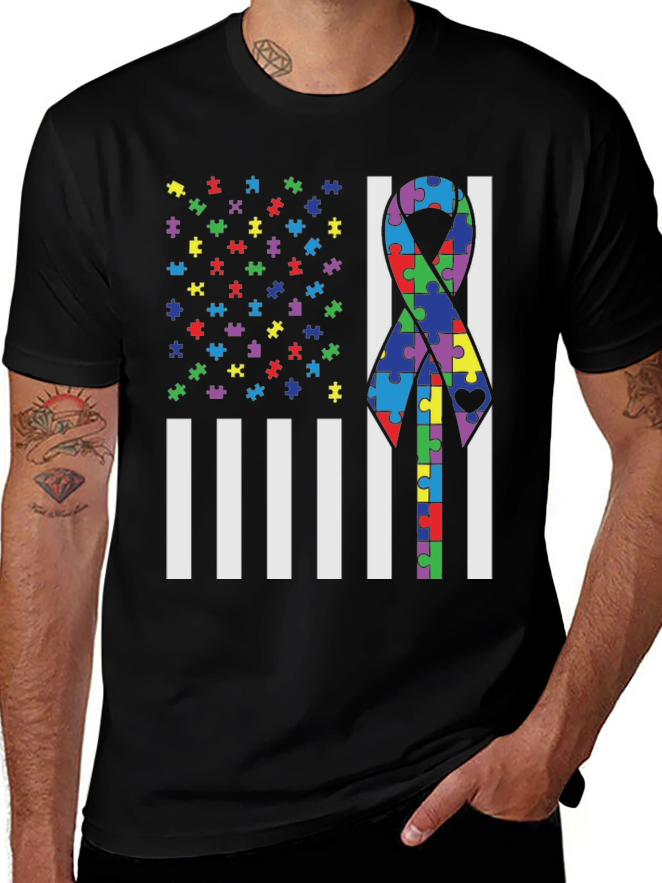 Variant 13 of Autism Awareness Puzzle Piece Ribbon American Flag T-Shirt