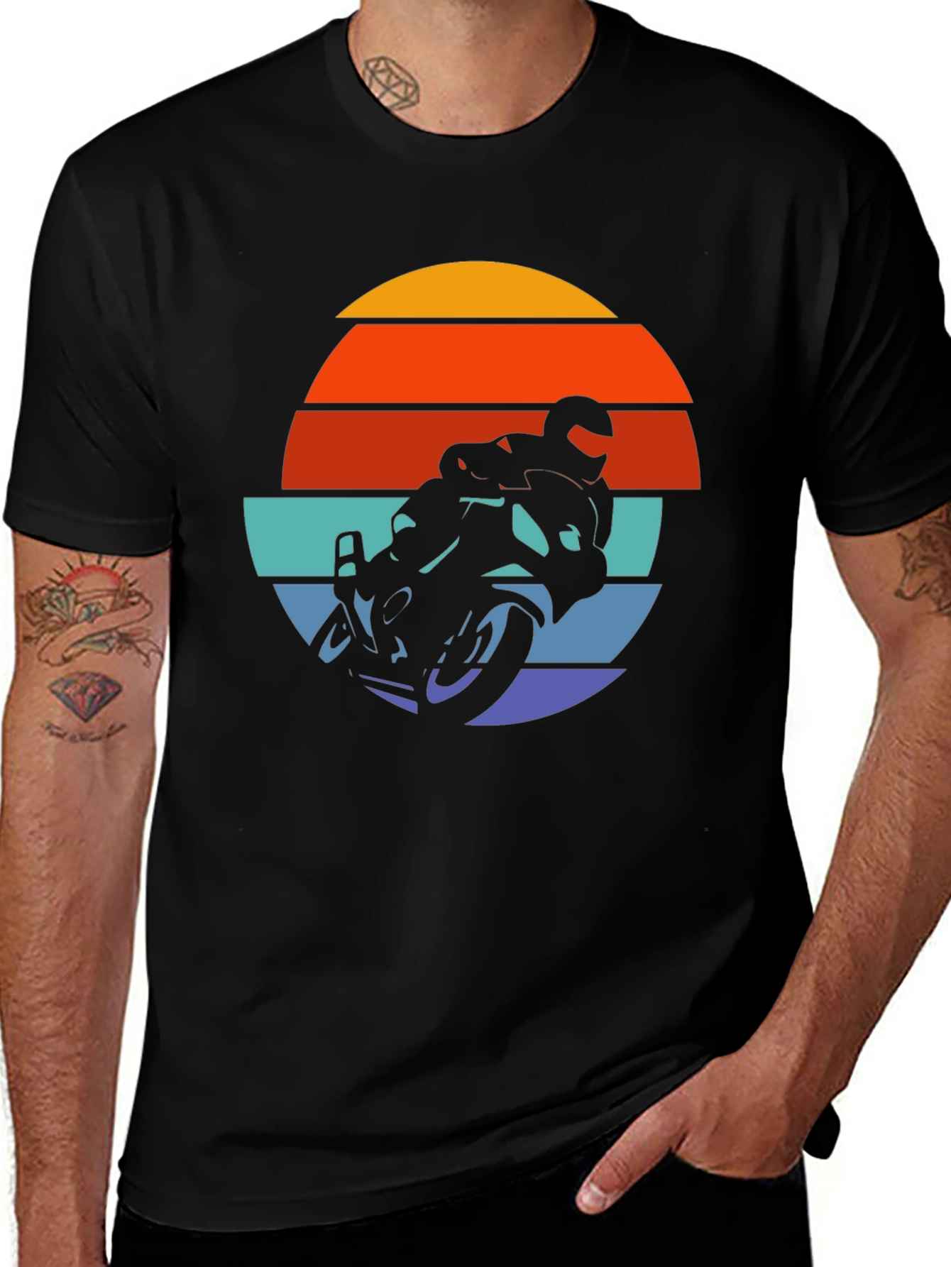 Retro Motorcycle Sunset Graphic Tee - Black Cotton