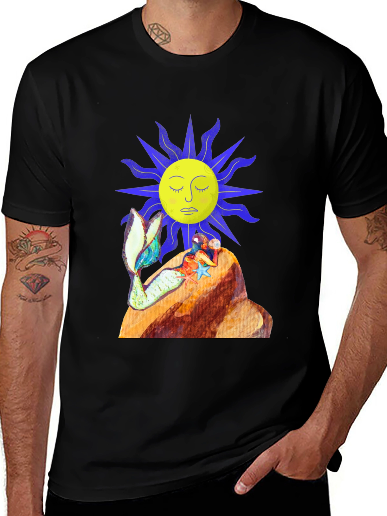 Variant 9 of Black T-Shirt with Sun and Mermaid Design