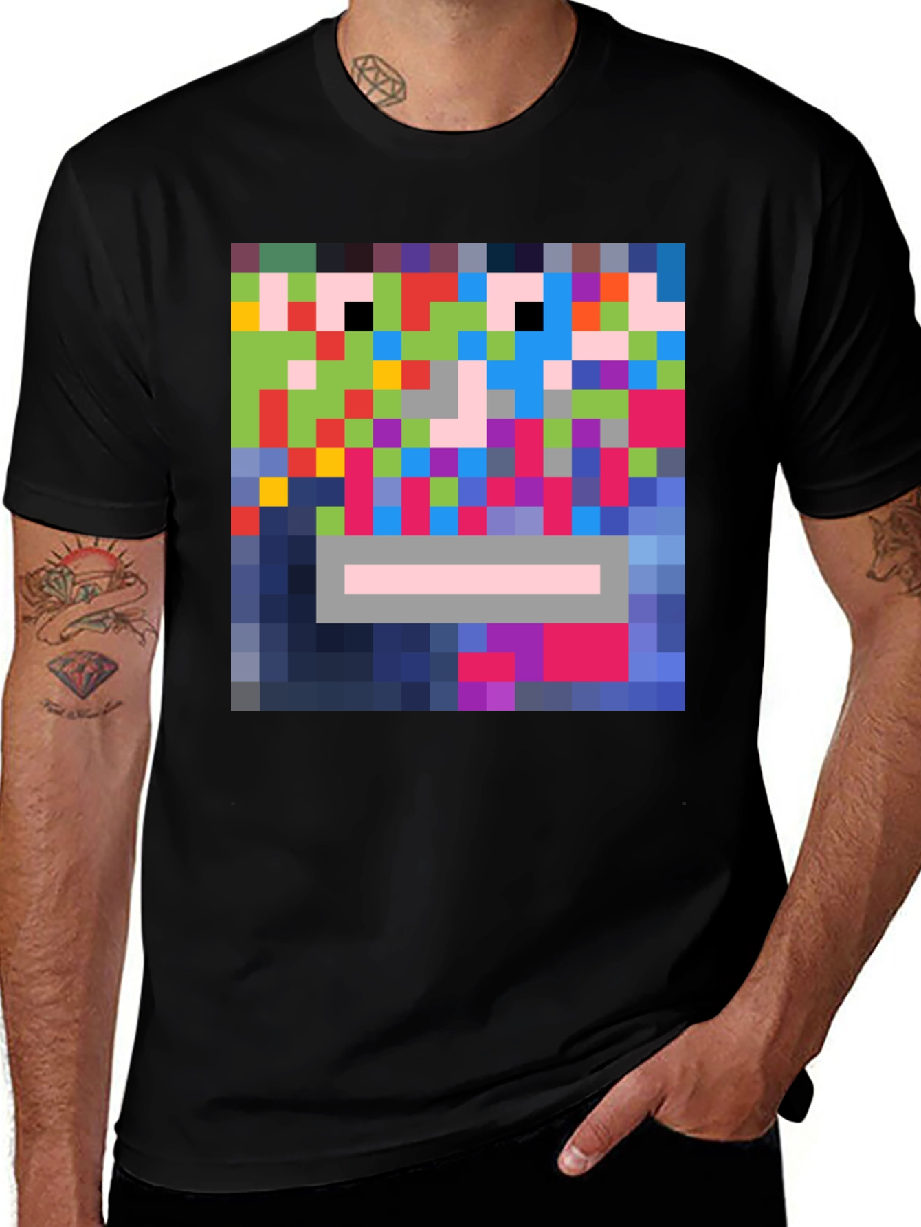 Variant 20 of Pixelated Portrait Graphic Print Black T-Shirt