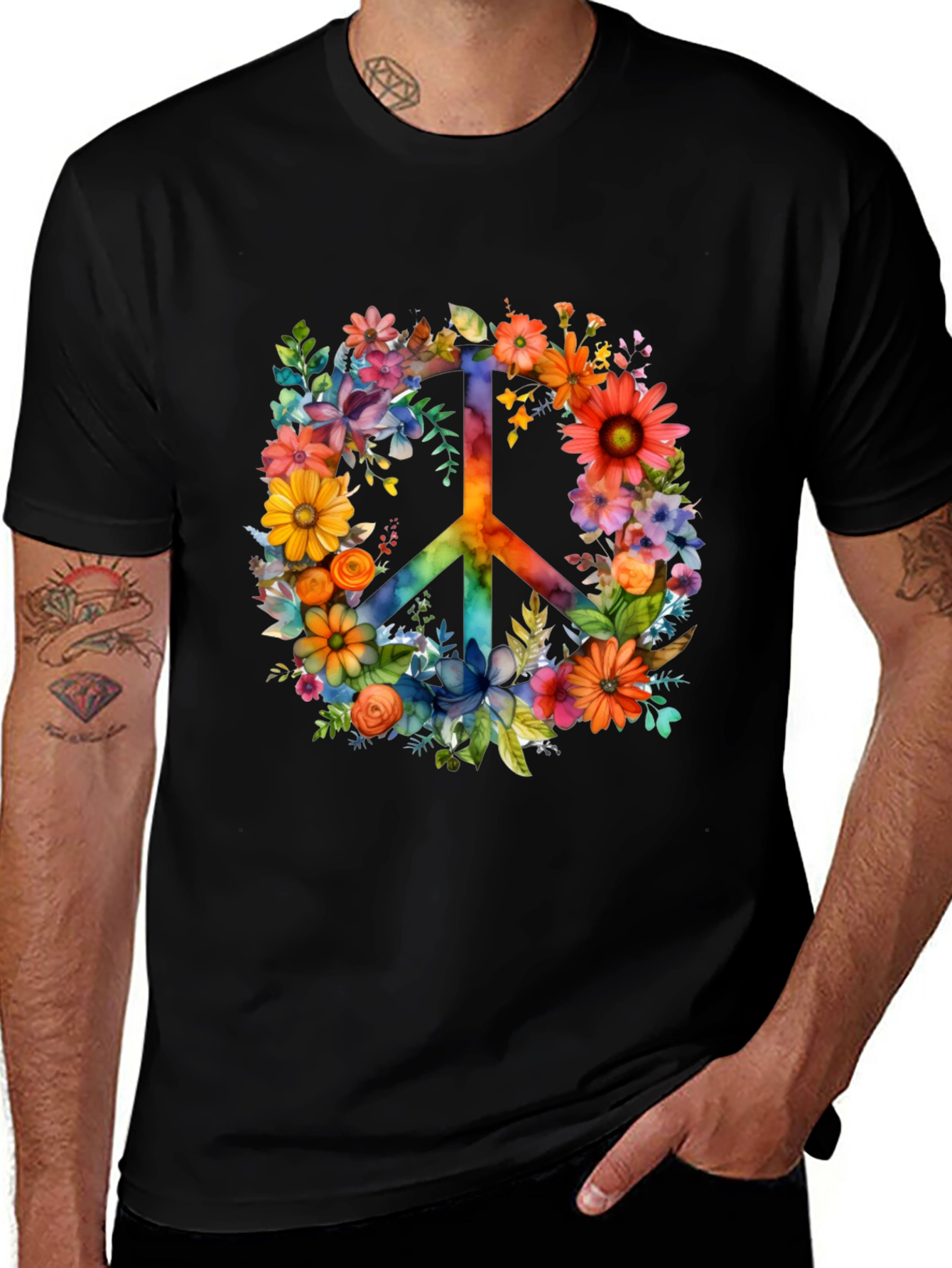 Variant 17 of Floral Peace Sign Graphic T-Shirt - Black