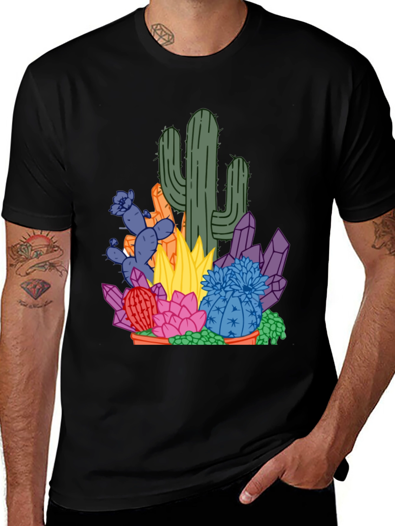 Variant 12 of Cactus & Crystal Graphic Tee - Black Cotton Casual Shirt