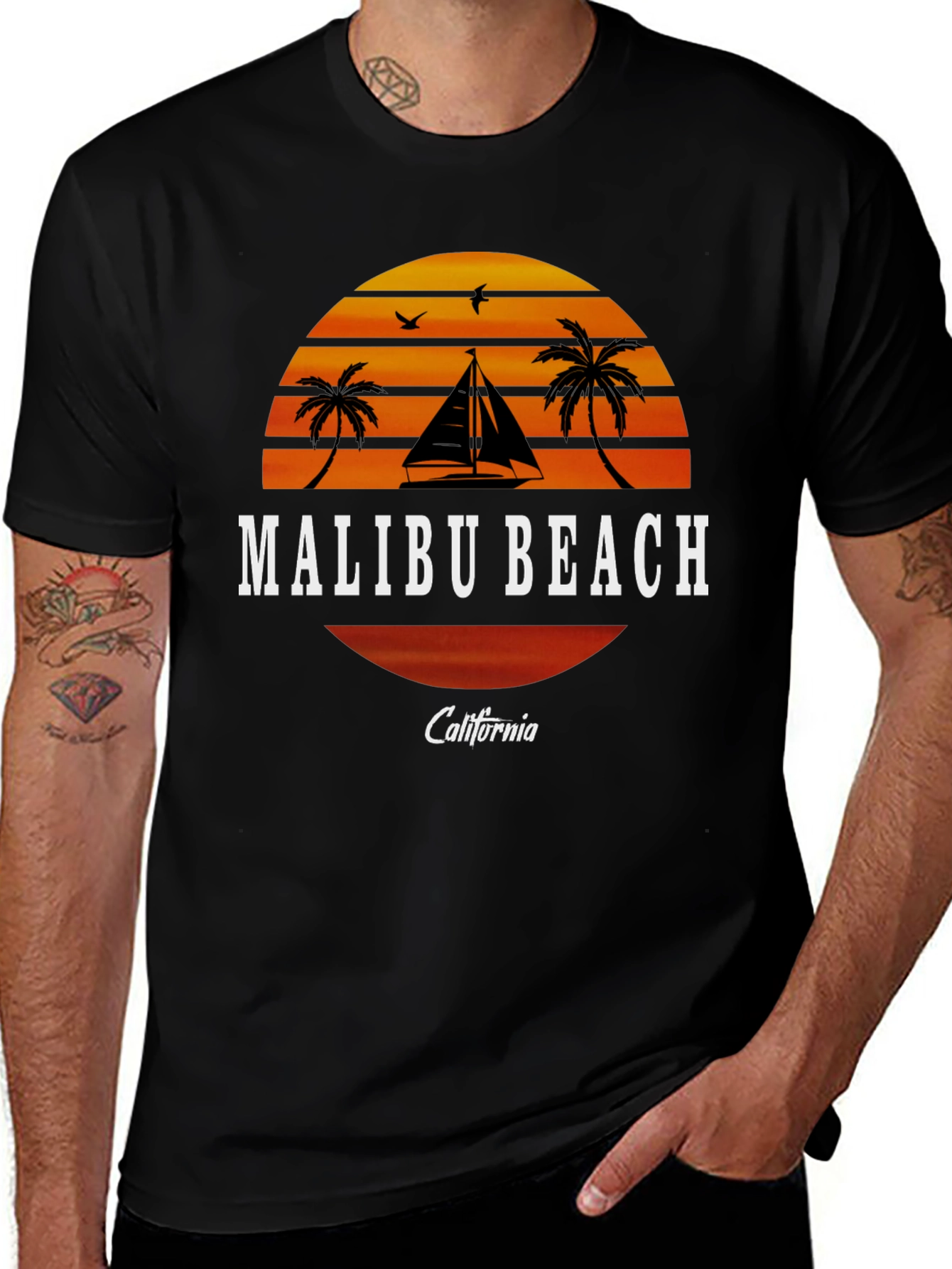 Malibu Beach California T-Shirt - Sunset Palm Tree Design
