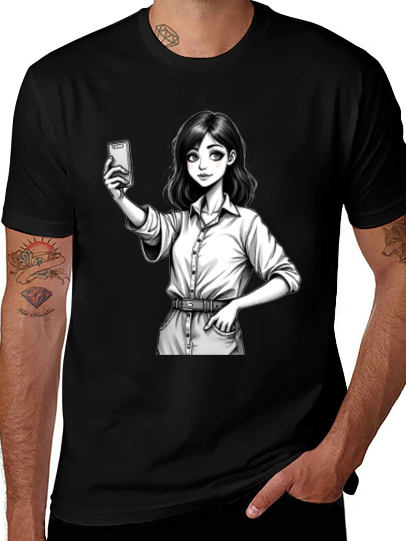 Variant 13 of Anime Girl Selfie Black T-Shirt