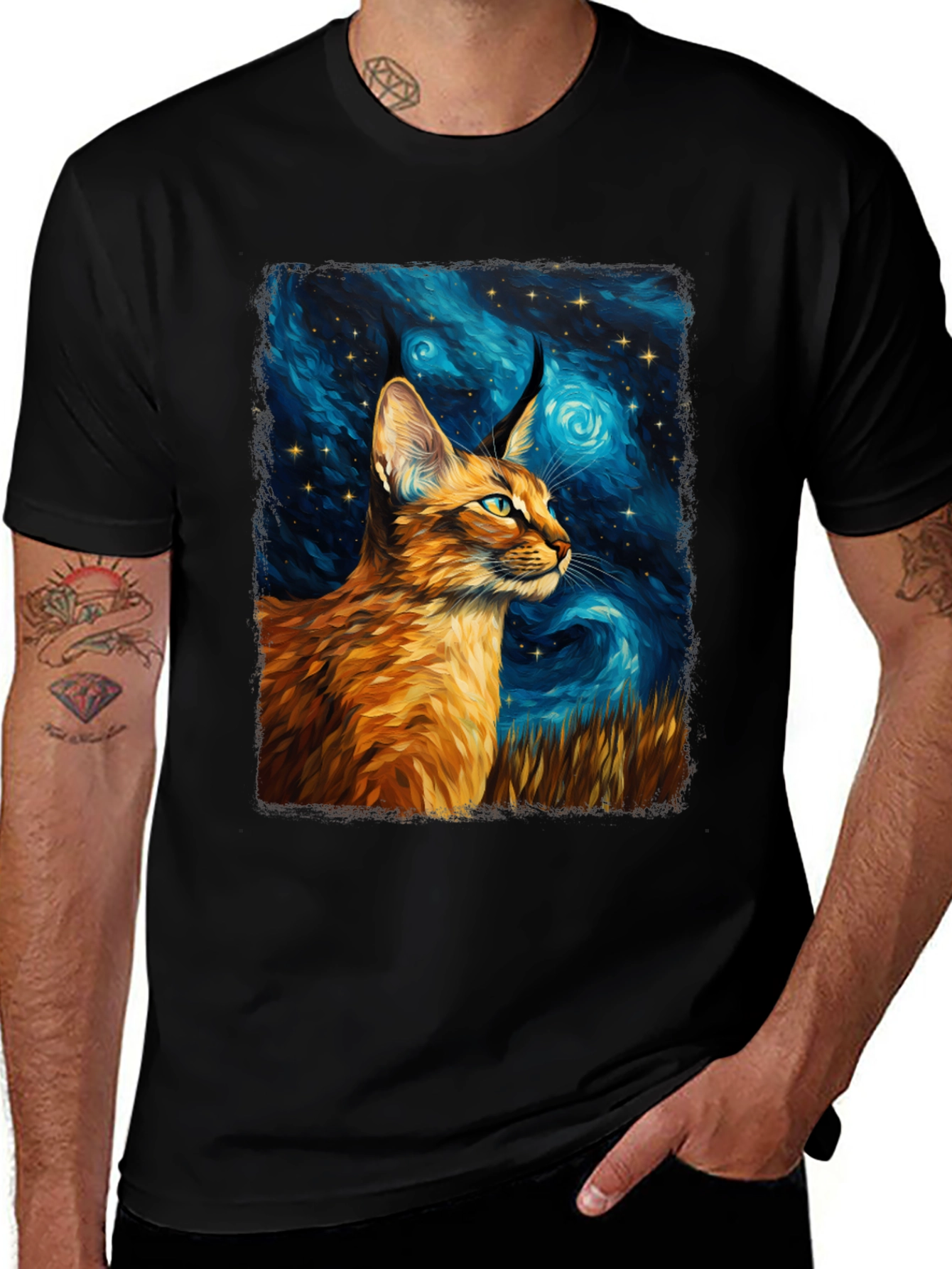Variant 28 of Caracal Cat Starry Night Art Black T-Shirt