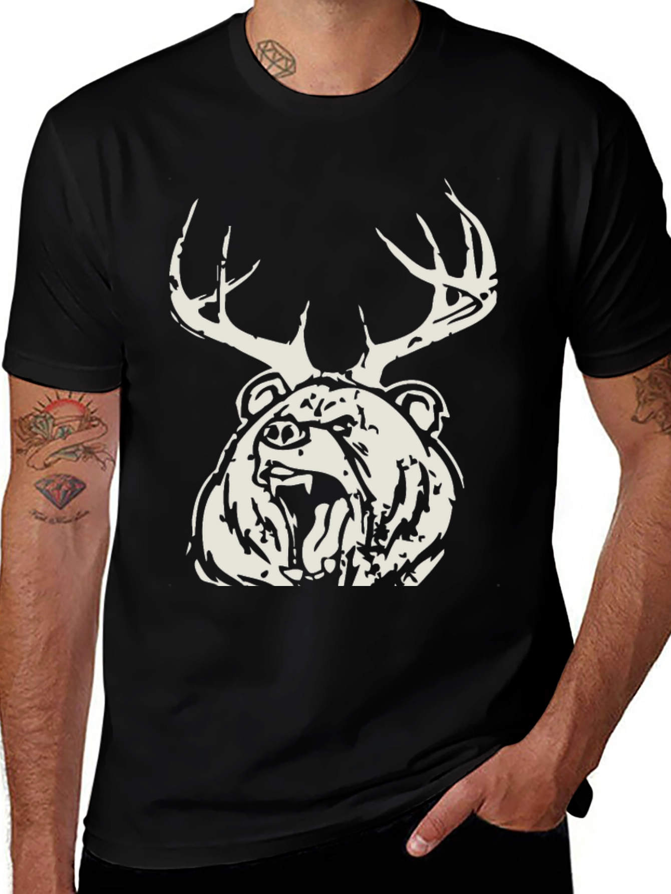 Bear Deer Antler Graphic Black T-Shirt