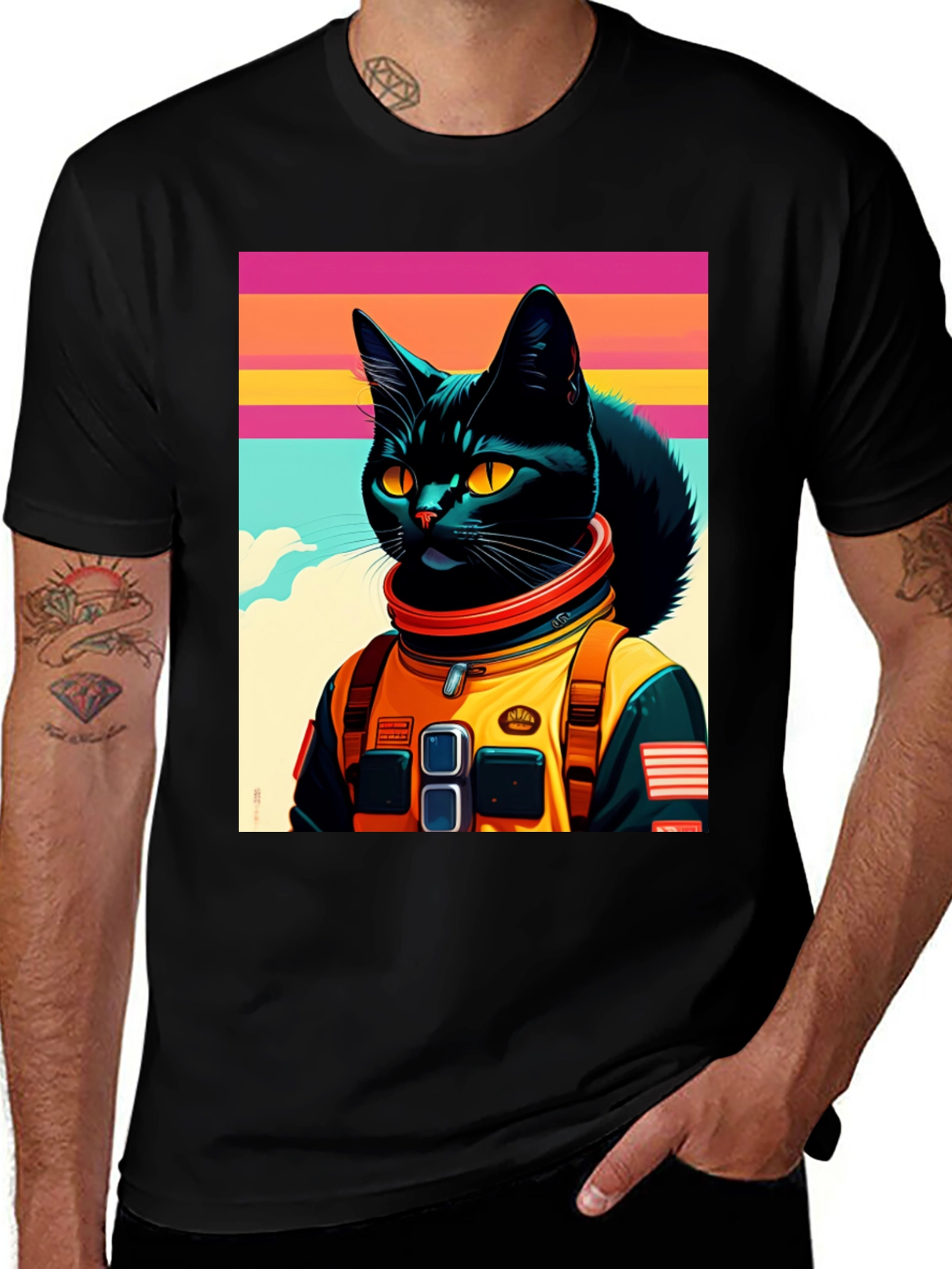 Variant 24 of Space Cat Graphic Tee - Black Crew Neck T-Shirt