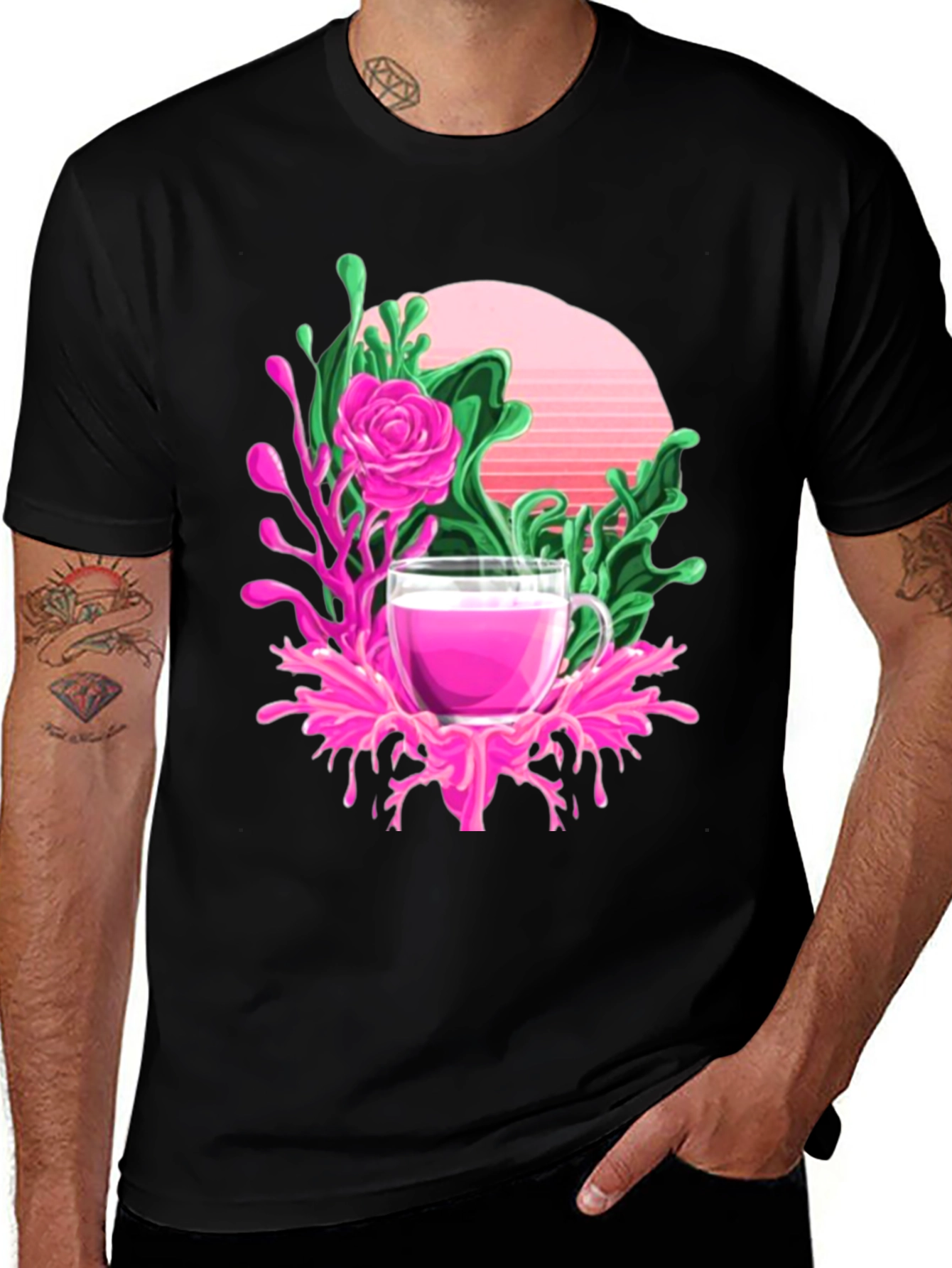 Variant 6 of Floral Rose Pink Drink Graphic Black Tee