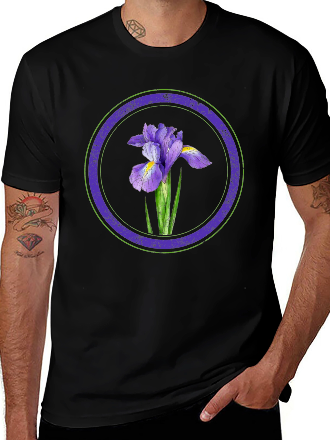 Variant 16 of Iris Flower Graphic Tee - Black Cotton T-Shirt