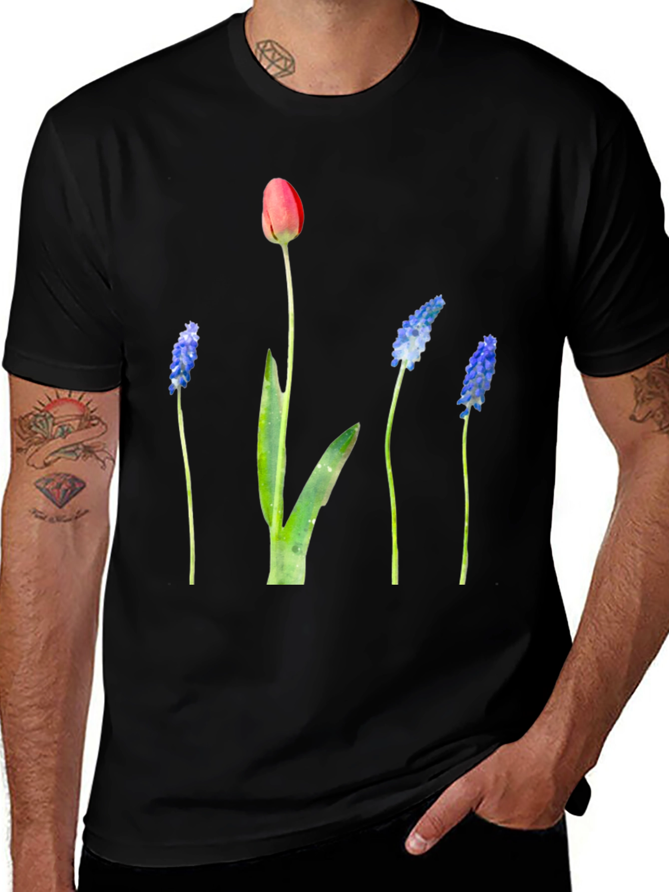 Variant 25 of Floral Print Black T-Shirt - Stylish Botanical Design