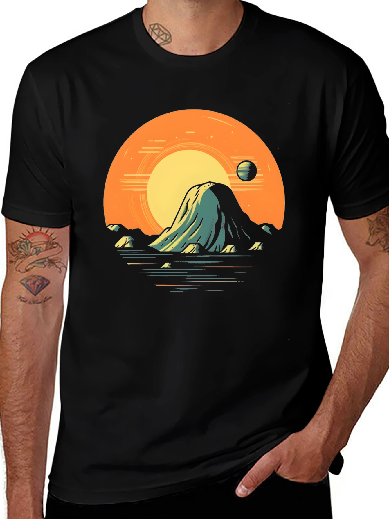 Sunset Mountain Graphic Tee - Artistic Black T-Shirt