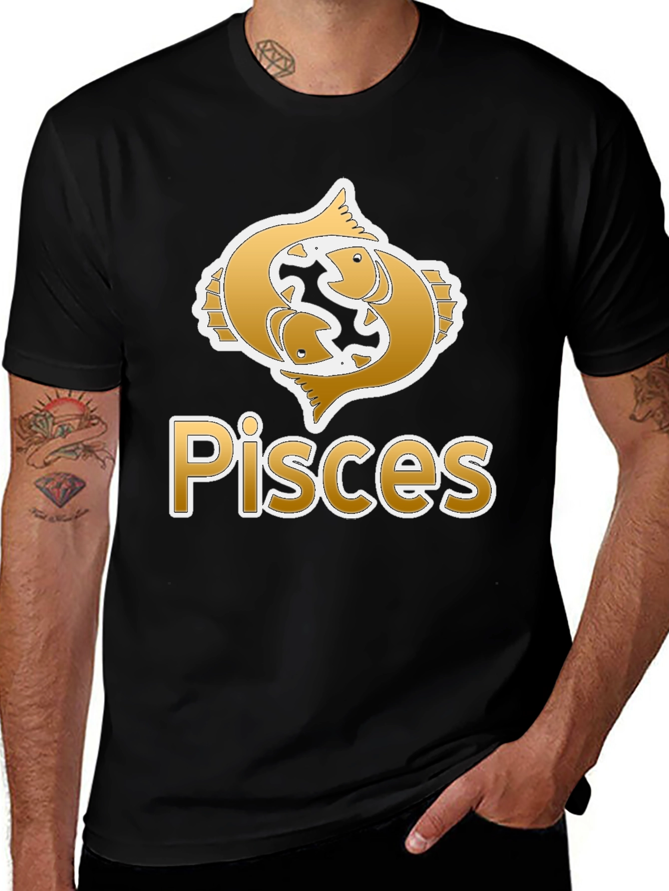 Pisces Zodiac Graphic Tee - Black Crew Neck