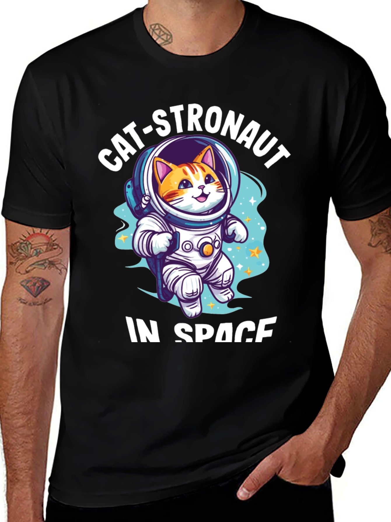 Catstronaut in Space Black T-Shirt