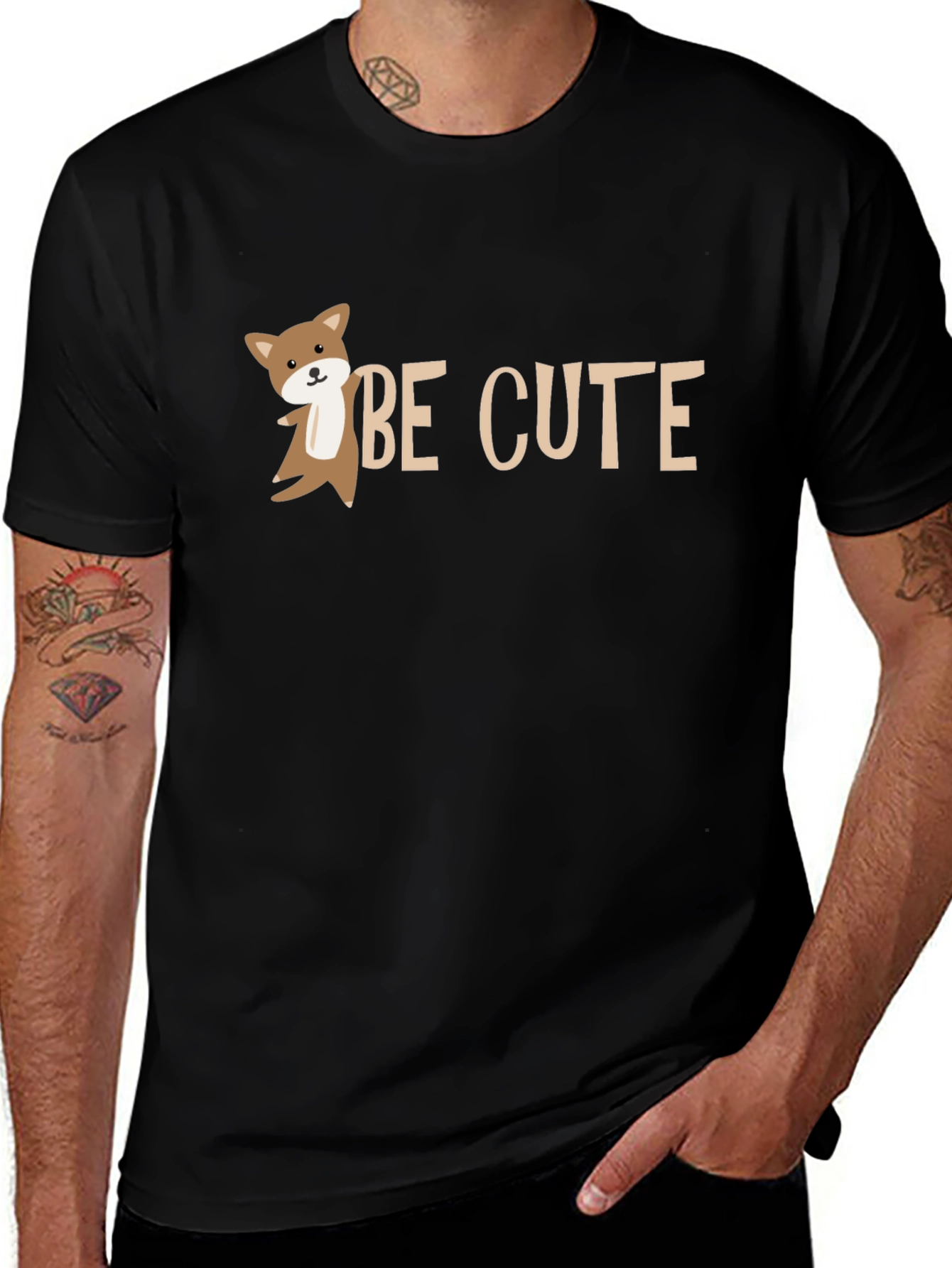 Be Cute Black T-Shirt with Cartoon Fox Design