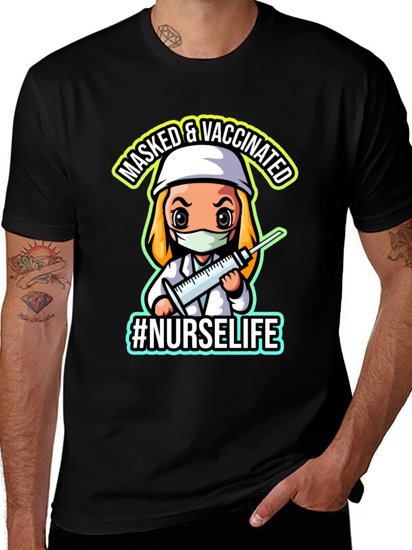 Variant 24 of Masked & Vaccinated #NurseLife Black T-Shirt