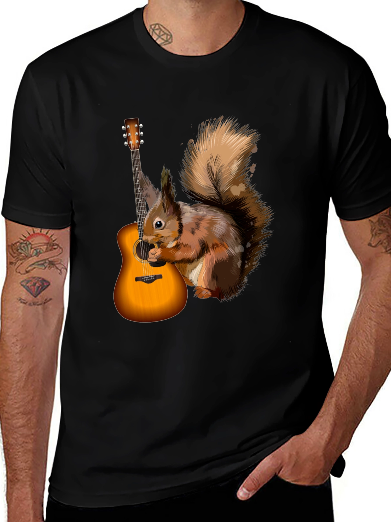 Squirrel Guitarist Graphic Tee - Black Cotton Comfort