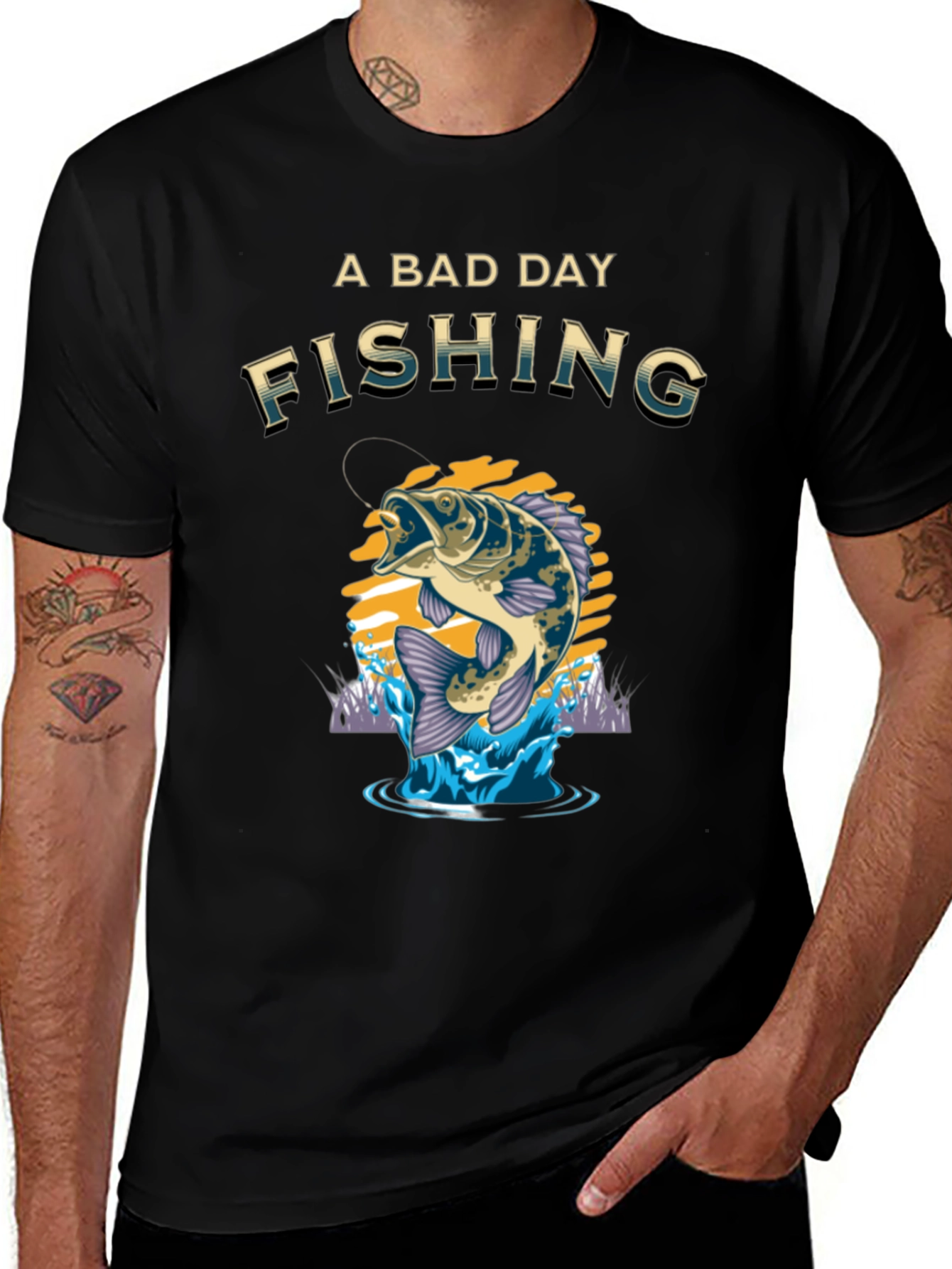 Variant 12 of A Bad Day Fishing T-Shirt - Black Cotton Tee