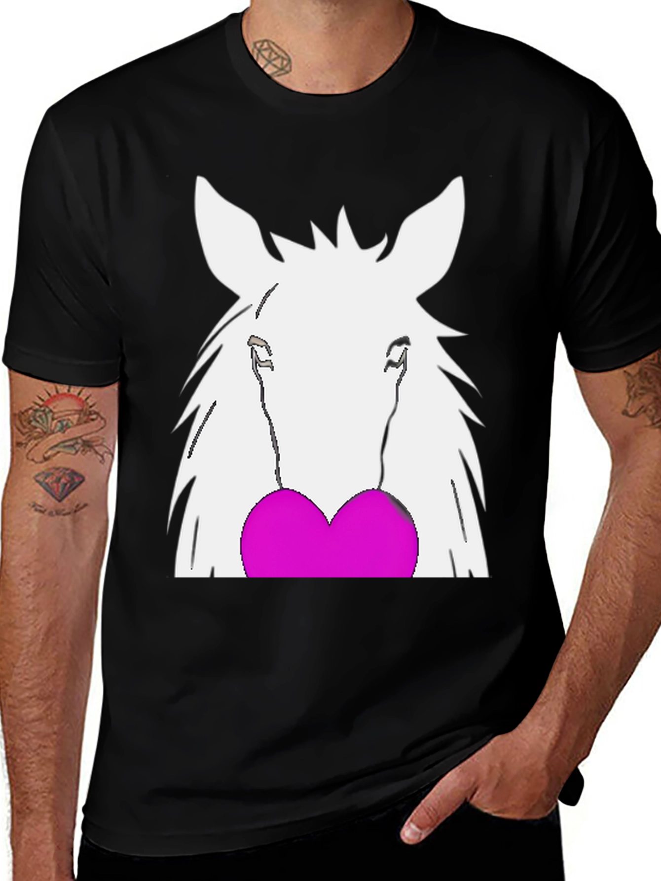 Variant 13 of Black Tee with White Horse and Heart Graphic