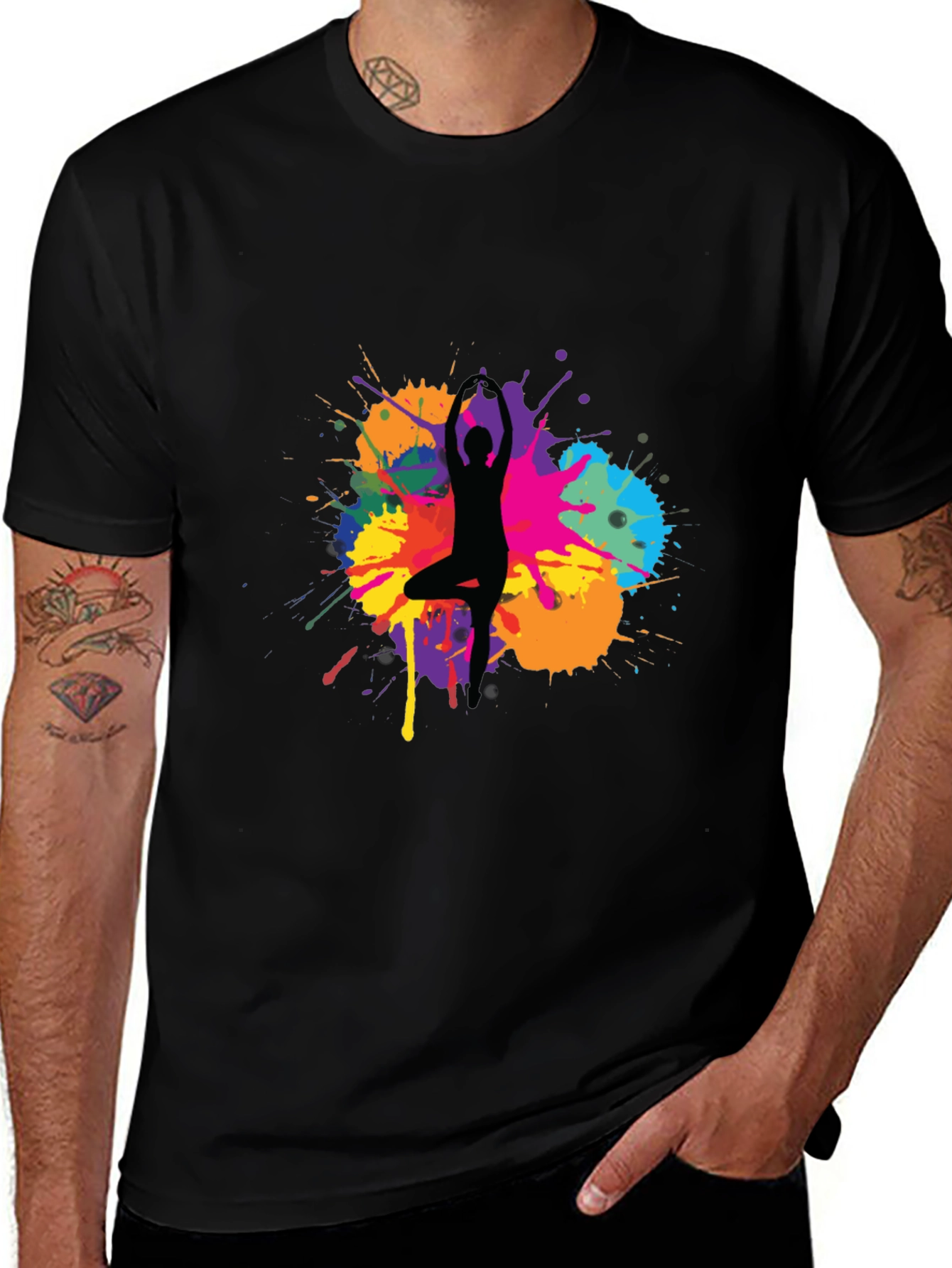 Variant 28 of Yoga Silhouette Black T-Shirt - Colorful Splash Design