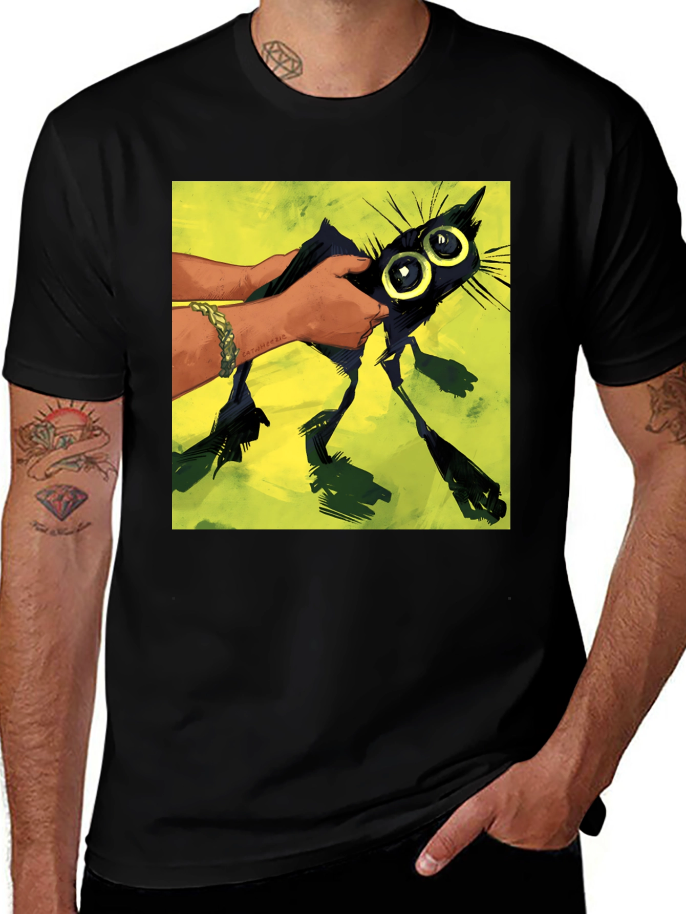 Variant 7 of Cartoon Cat Tee - Quirky Black T-Shirt for Art Lovers