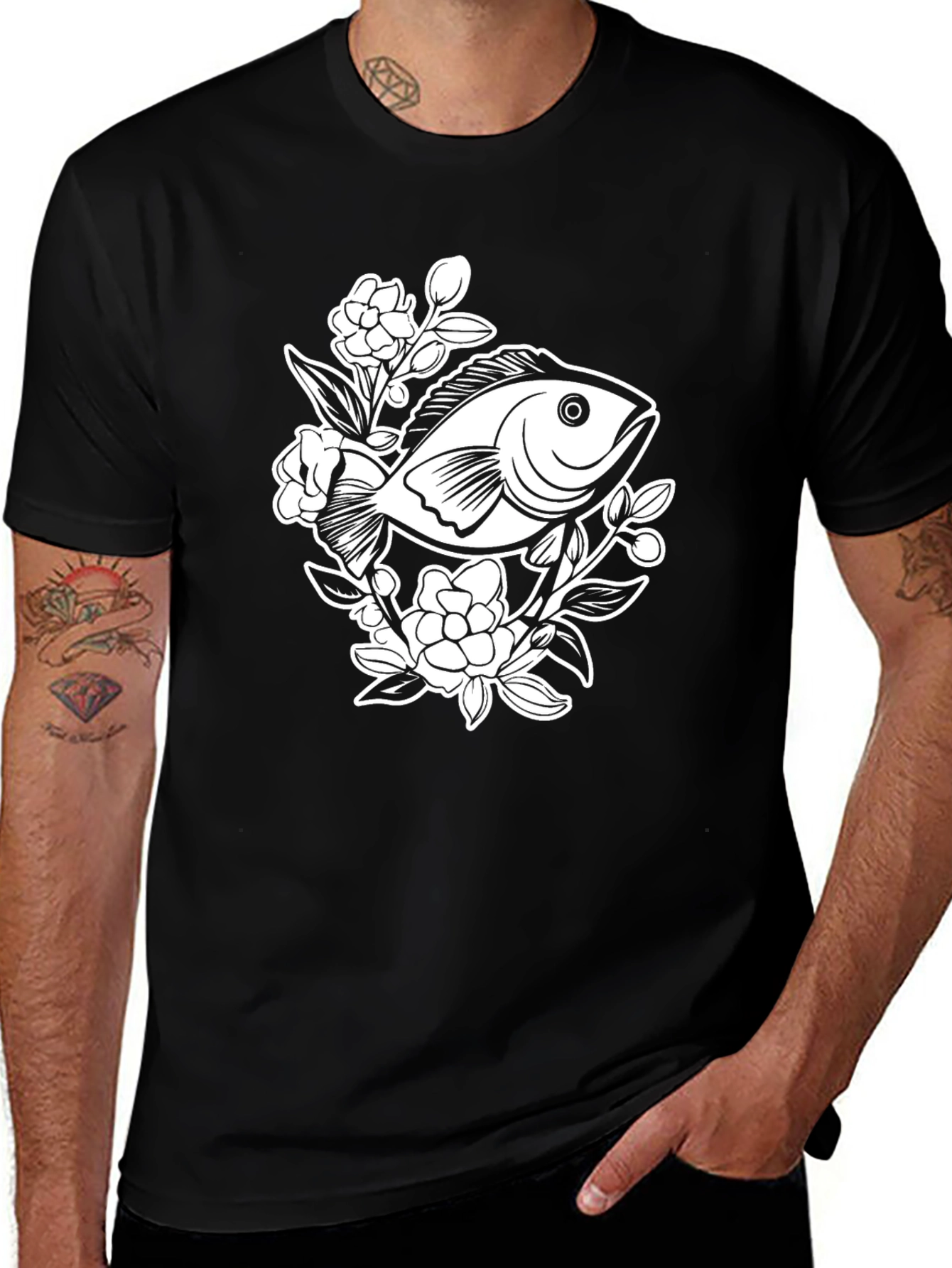 Variant 2 of Black T-Shirt with Floral Fish Graphic