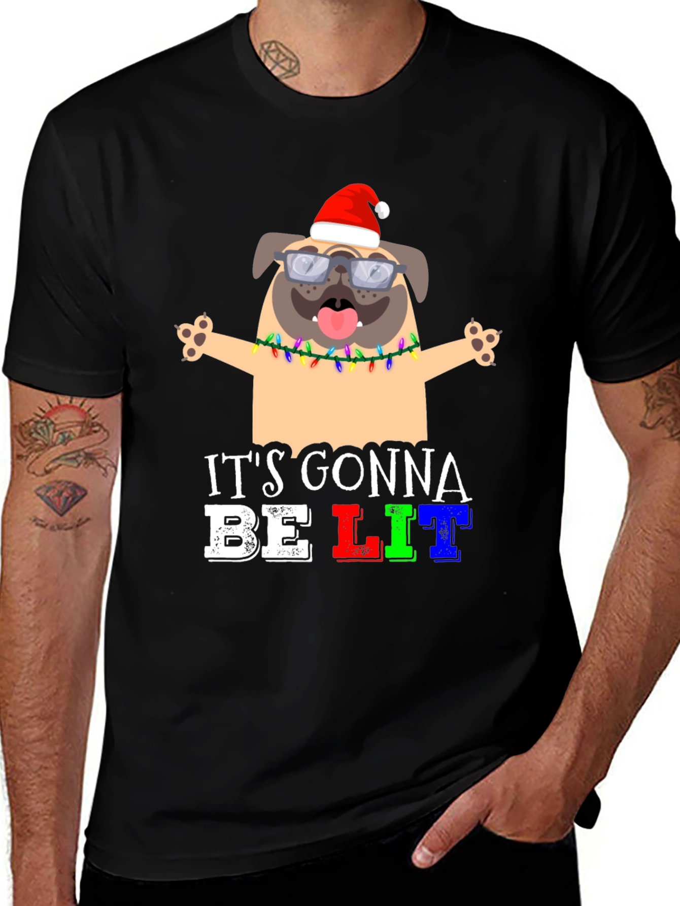 Black It's Gonna Be Lit Pug Christmas T-Shirt main image