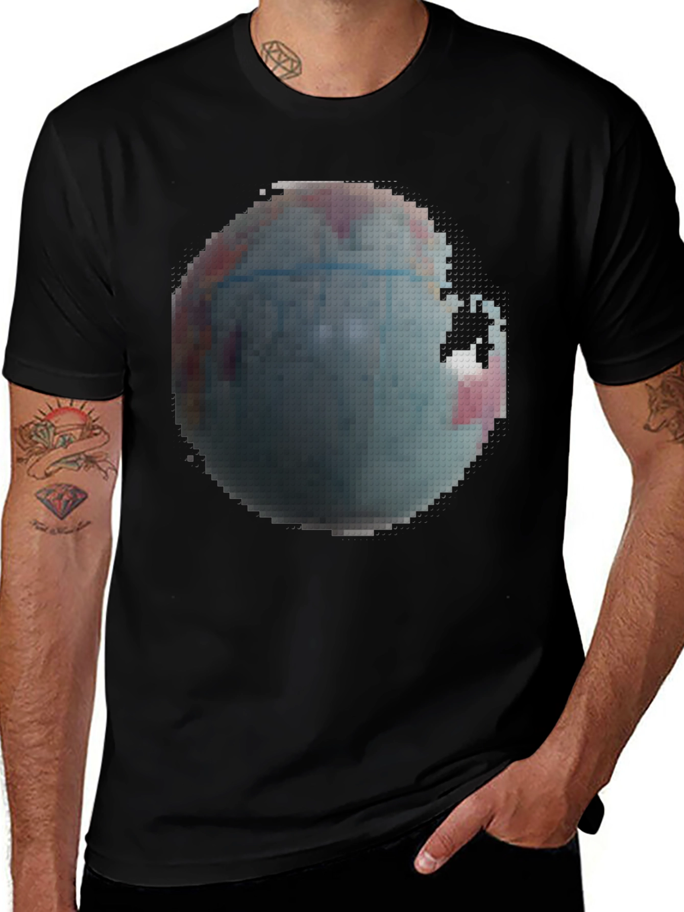 Variant 15 of Pixelated Earth Graphic Black T-Shirt